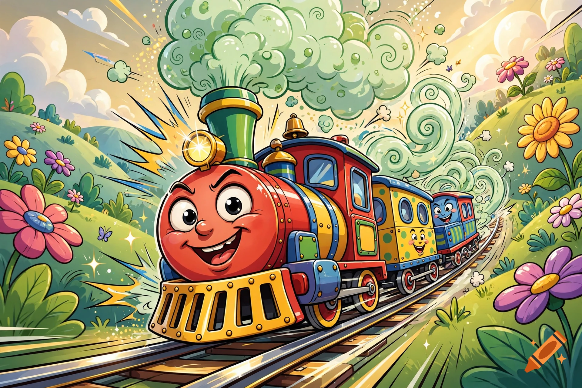 Colorful cartoon steam train with a smiling face puffing green smoke through a hilly landscape filled with large flowers.