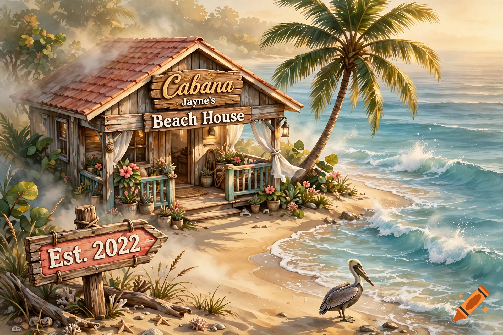 Digital painting of a rustic wooden beach house with a palm tree on a sandy beach next to ocean waves, with a pelican nearby.