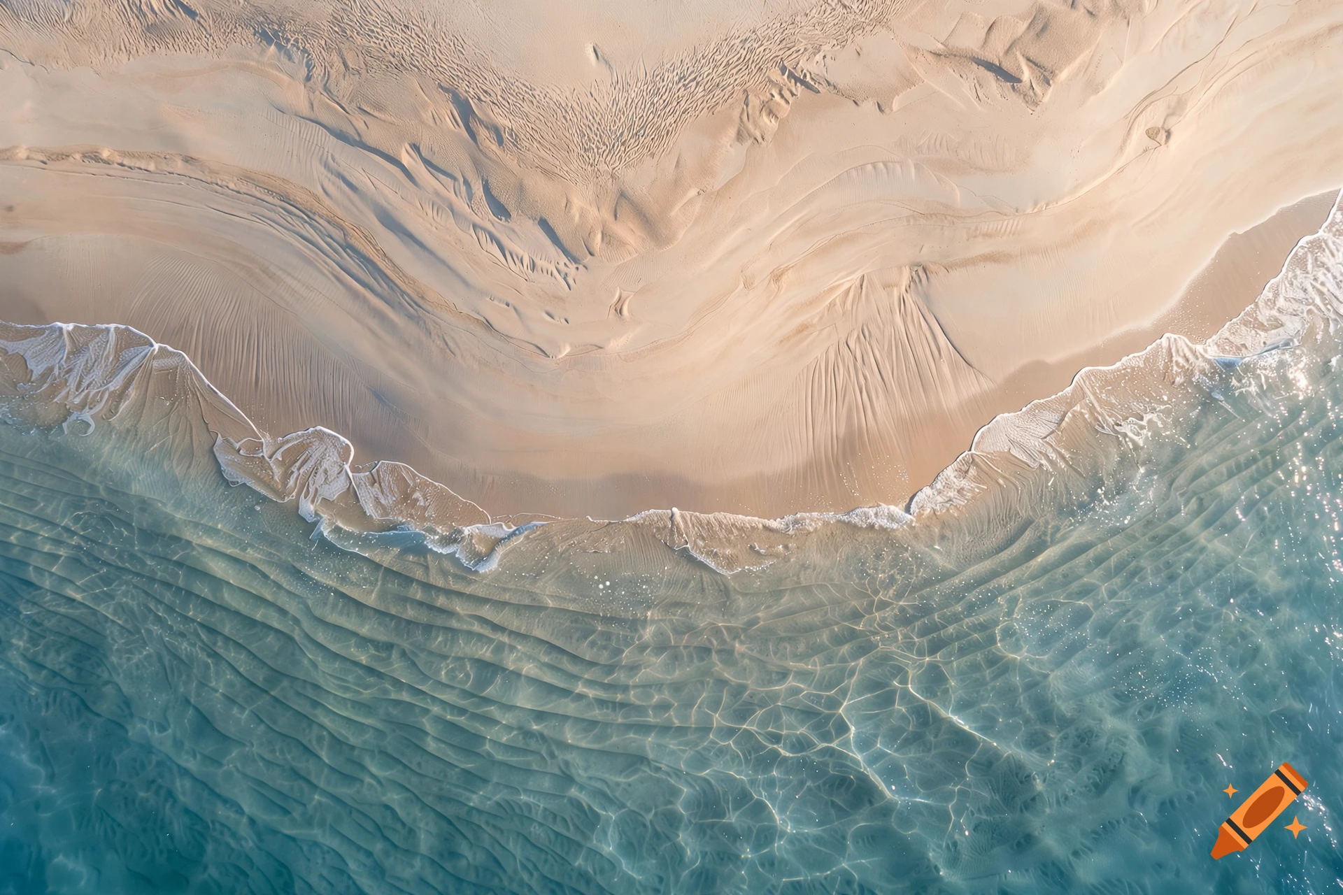 Aerial view of turquoise ocean waves washing onto a sandy beach.