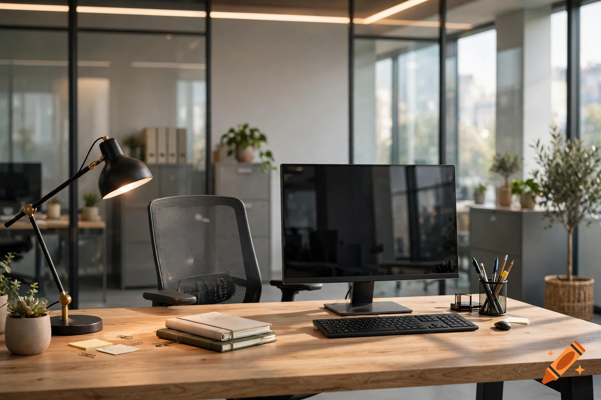 Photorealistic modern office desk with computer, lamp, and notebooks in a well-lit workplace.