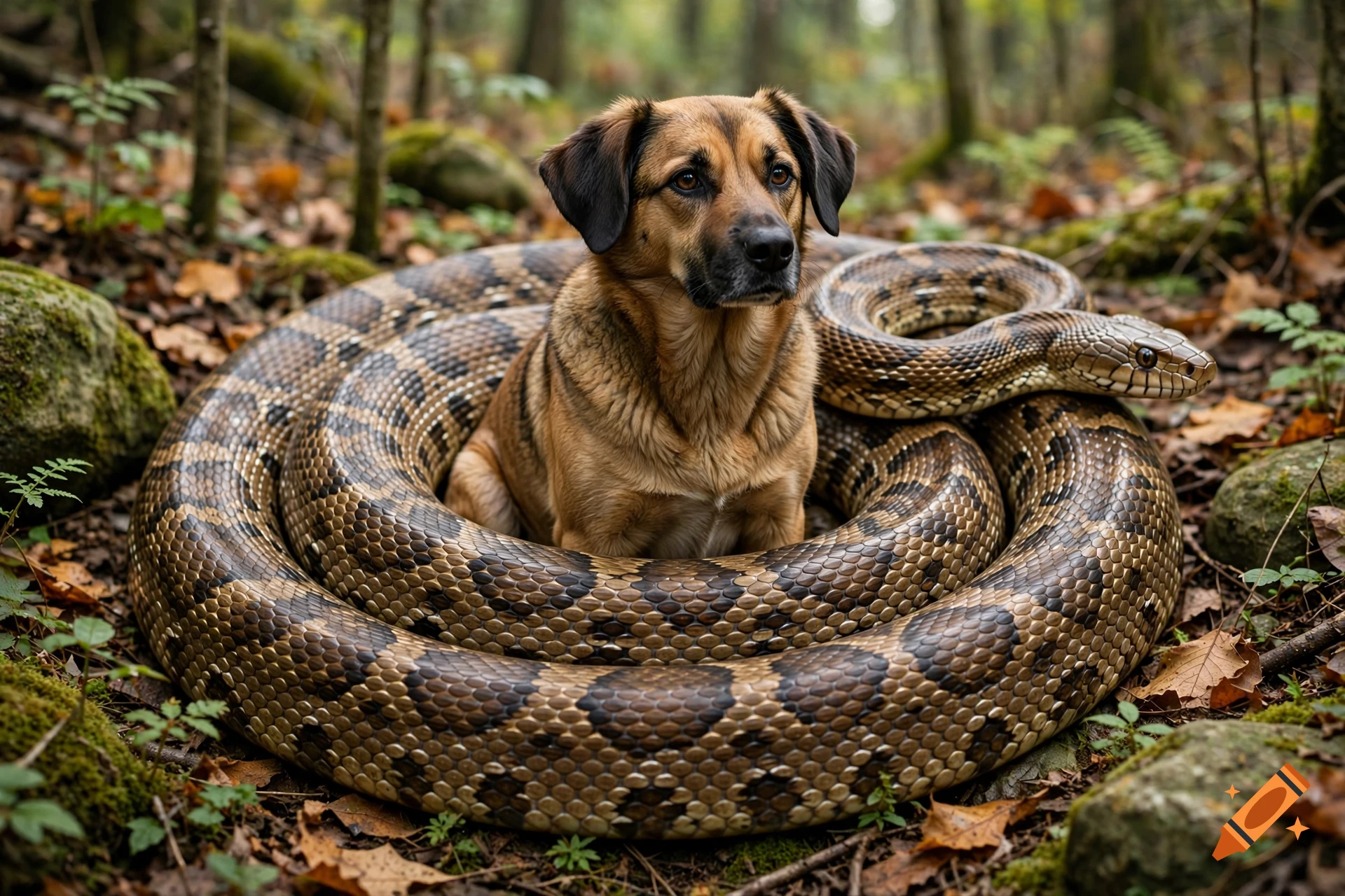 Photorealistic image of a brown dog sitting inside the coils of a large snake in a forest.