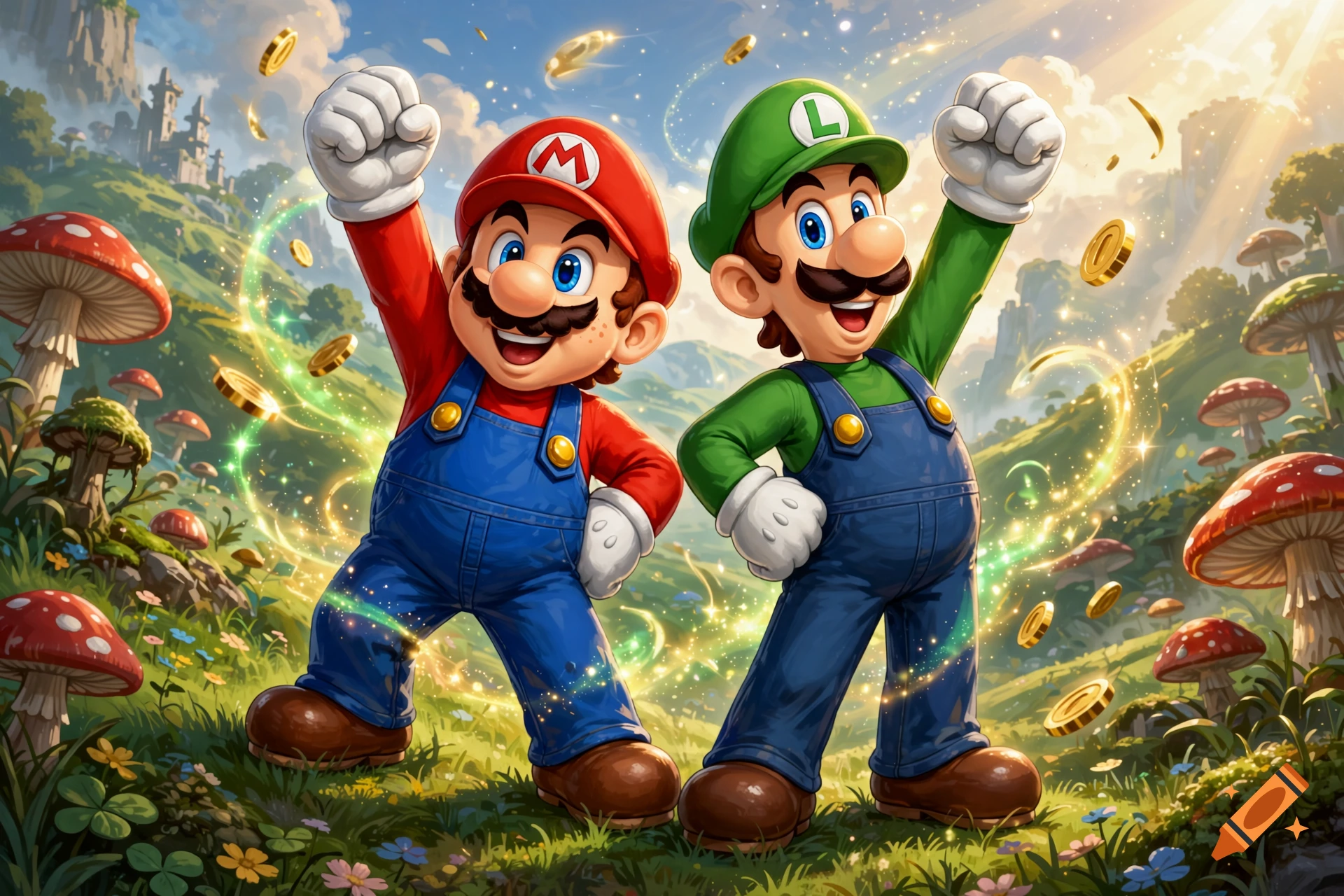 Mario and Luigi standing triumphantly in a vibrant fantasy landscape with mushrooms and floating gold coins, digital art style.
