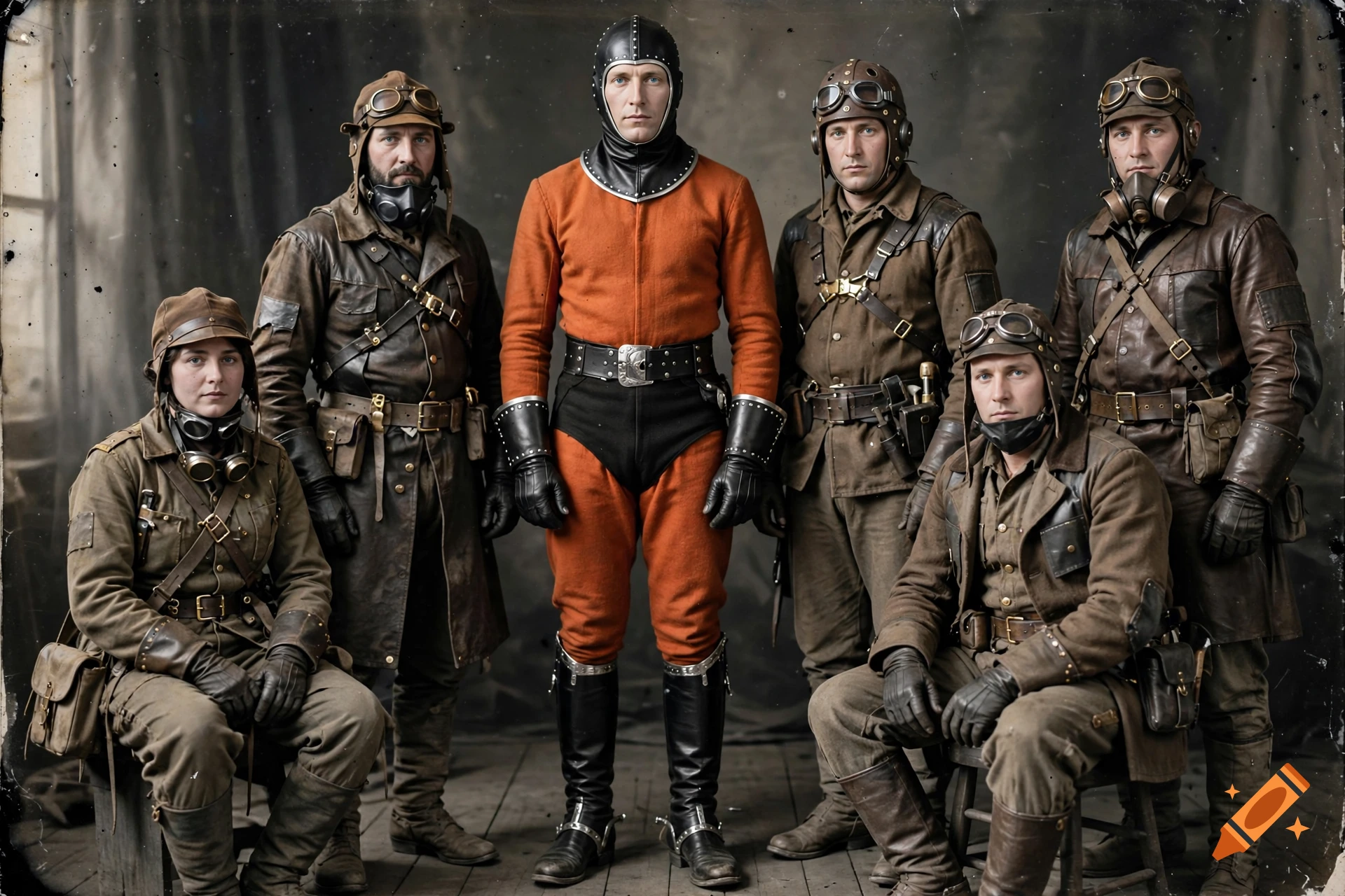 Vintage photograph of six costumed adventurers in retro-futuristic aviation gear, standing and sitting in a studio.