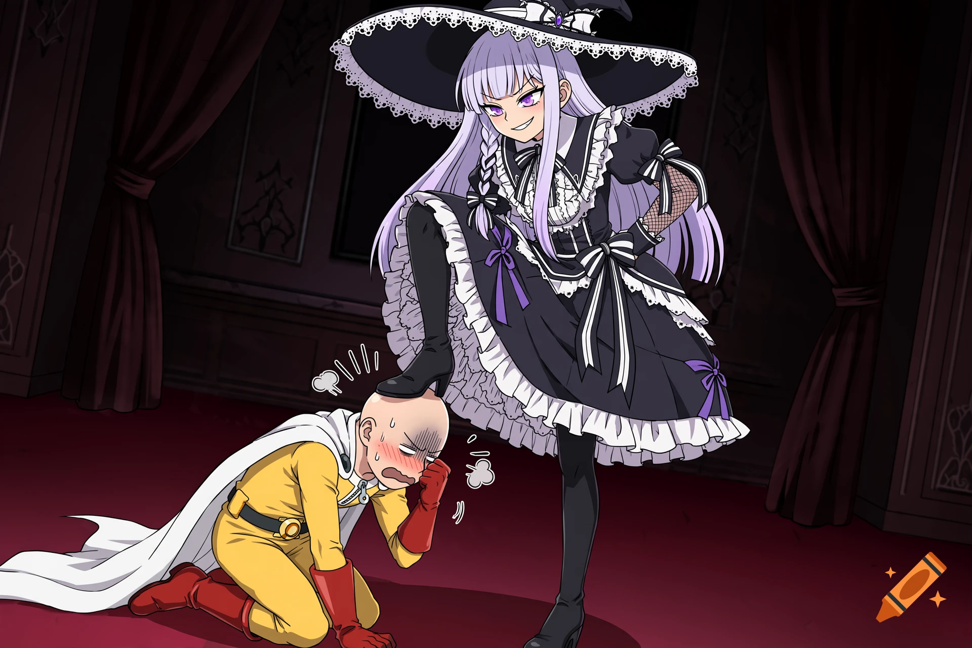 An anime style illustration of a female character stepping on the head of a bald man kneeling in a red-carpeted room.
