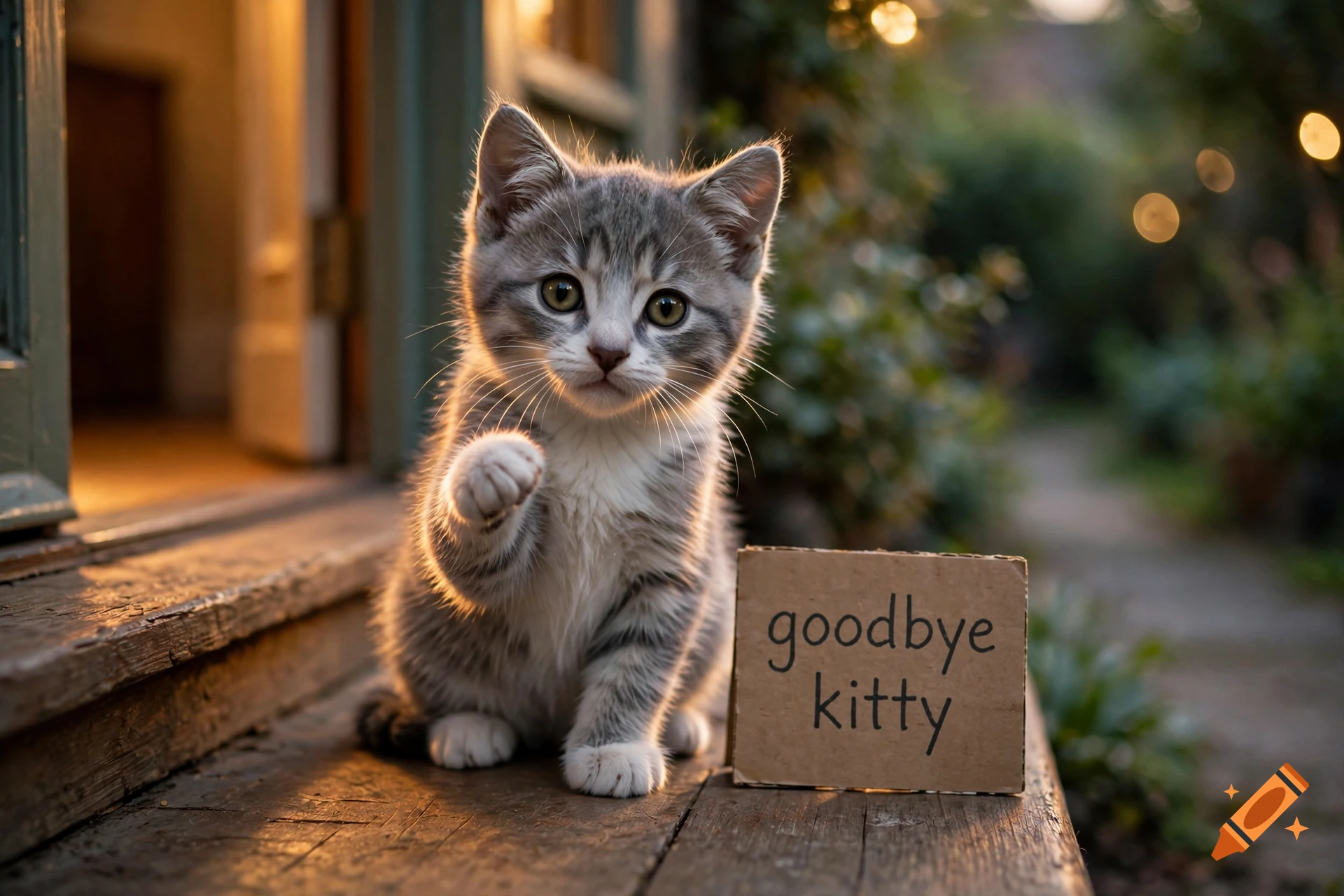 Photorealistic image of a gray and white tabby kitten sitting on a porch next to a small cardboard sign that reads goodbye kitty.