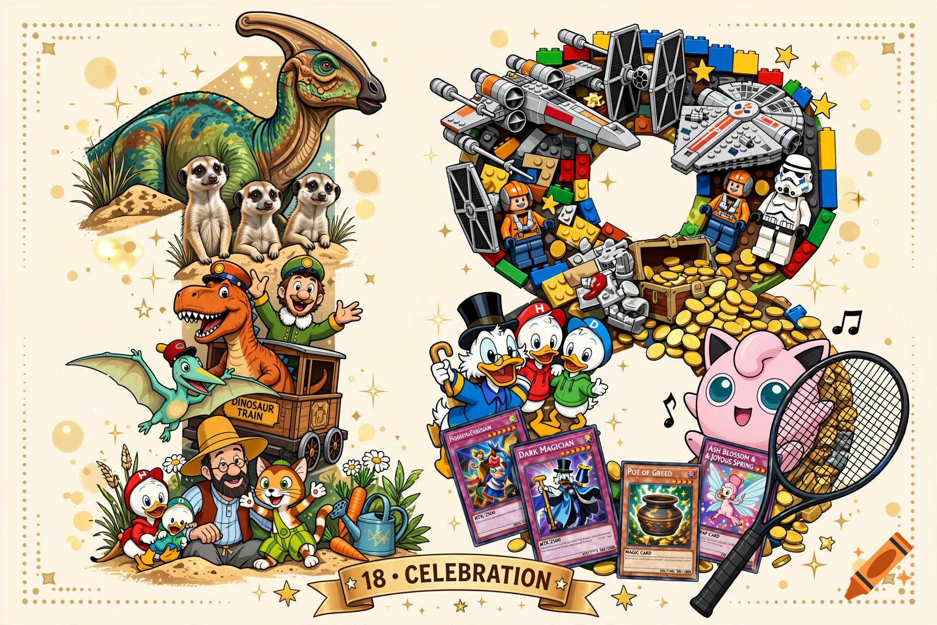 Colorful collage illustration shaped like the number 18 featuring dinosaurs, Lego Star Wars, Donald Duck, and Pokemon.