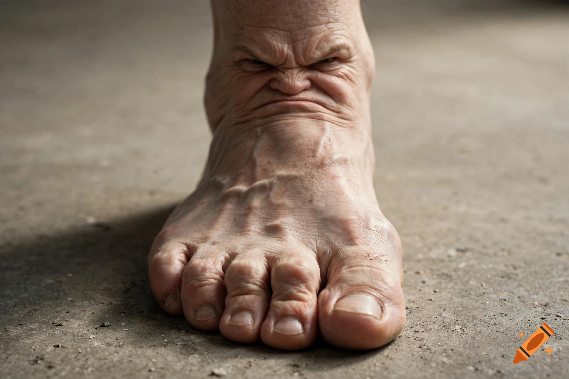 Photorealistic close-up of a bare human foot with wrinkles forming an angry facial expression on the ankle and foot arch.