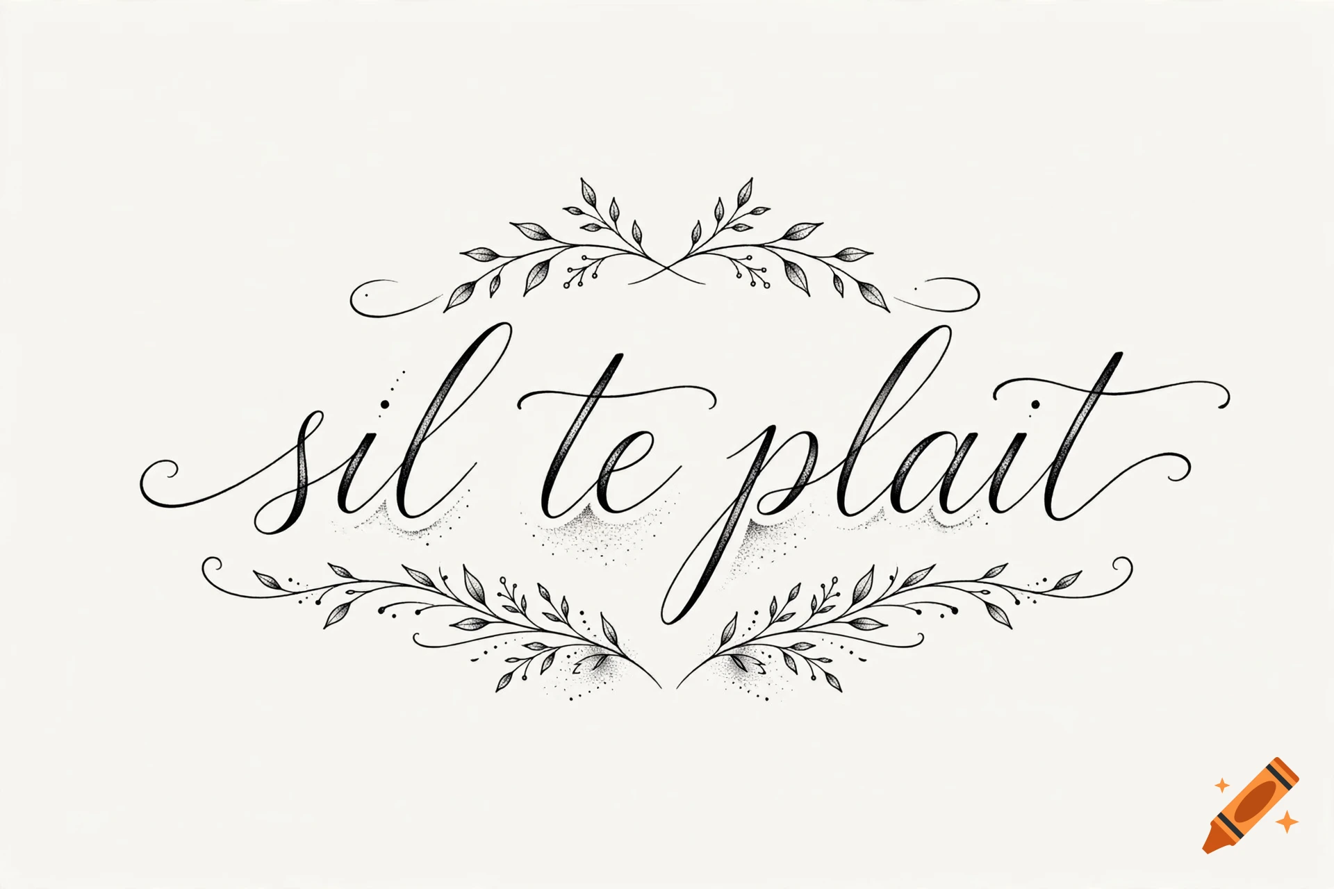 Calligraphic lettering of 'sil te plait' in black ink, decorated with delicate botanical leaf branches on a light background.