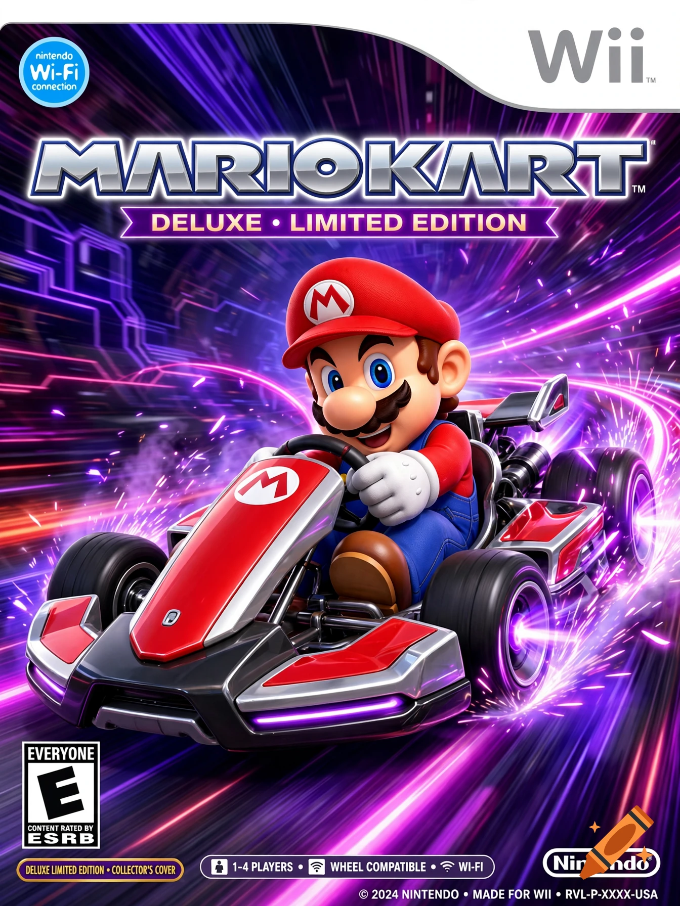 Mario driving a kart with glowing purple drift sparks on a Wii game box cover.
