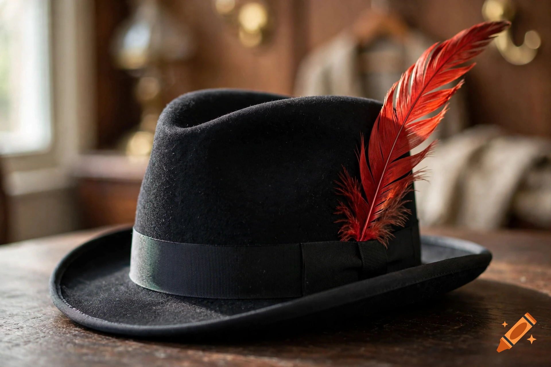 Close-up photorealistic shot of a black fedora hat with a red feather resting on a wooden table.