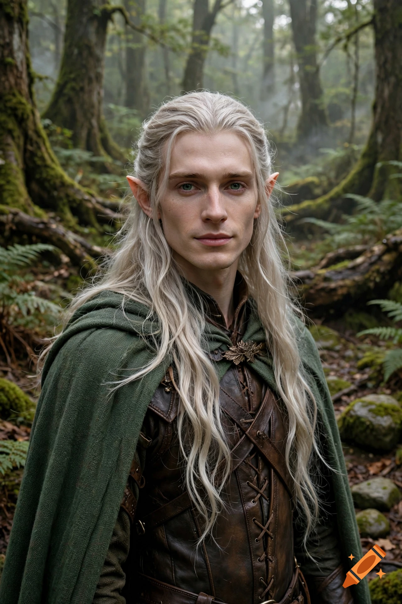 Photorealistic portrait of a male elf with long white hair, pointed ears, and green robes in a misty forest.