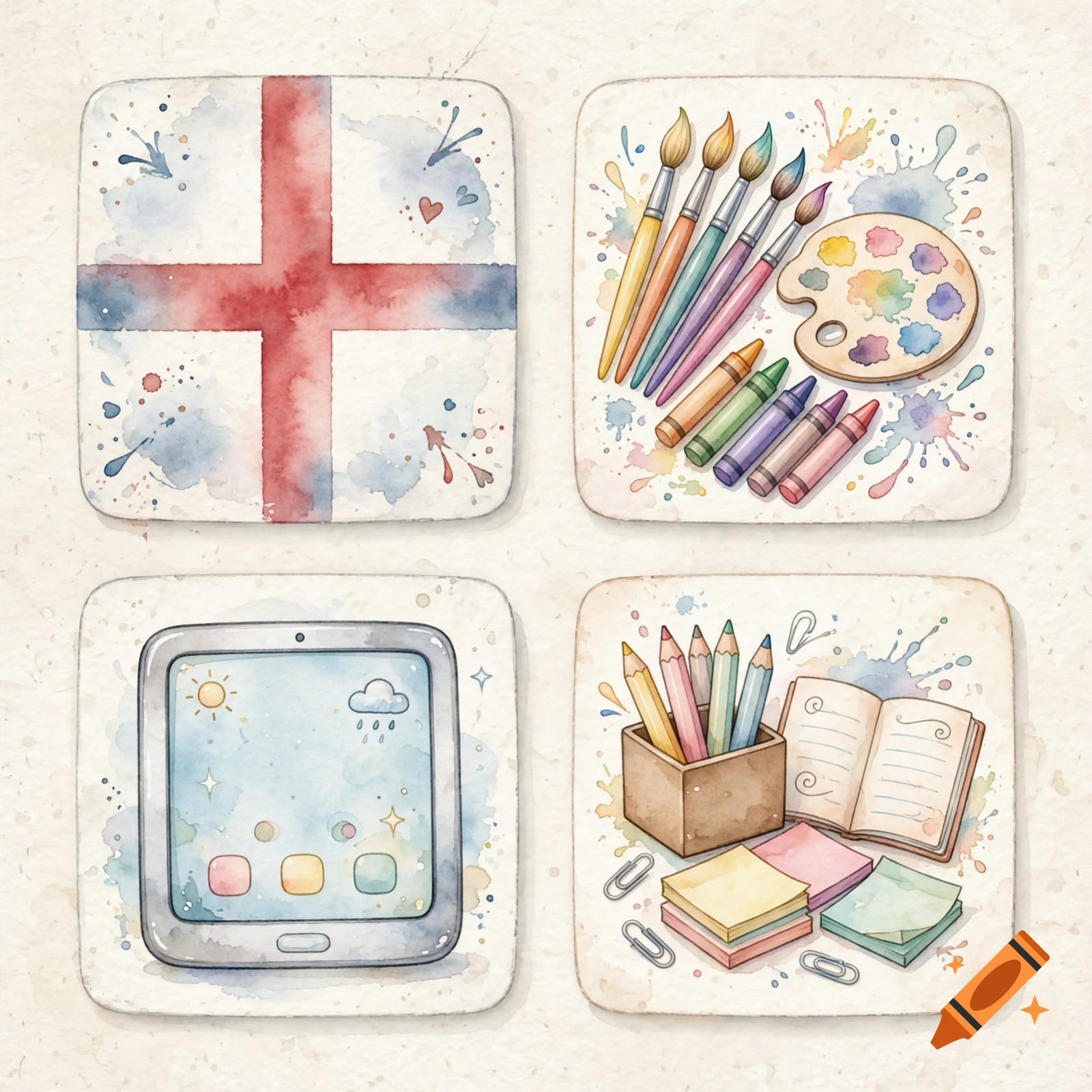 Watercolor illustration of four square panels featuring an English flag, art supplies, a tablet, and stationery.