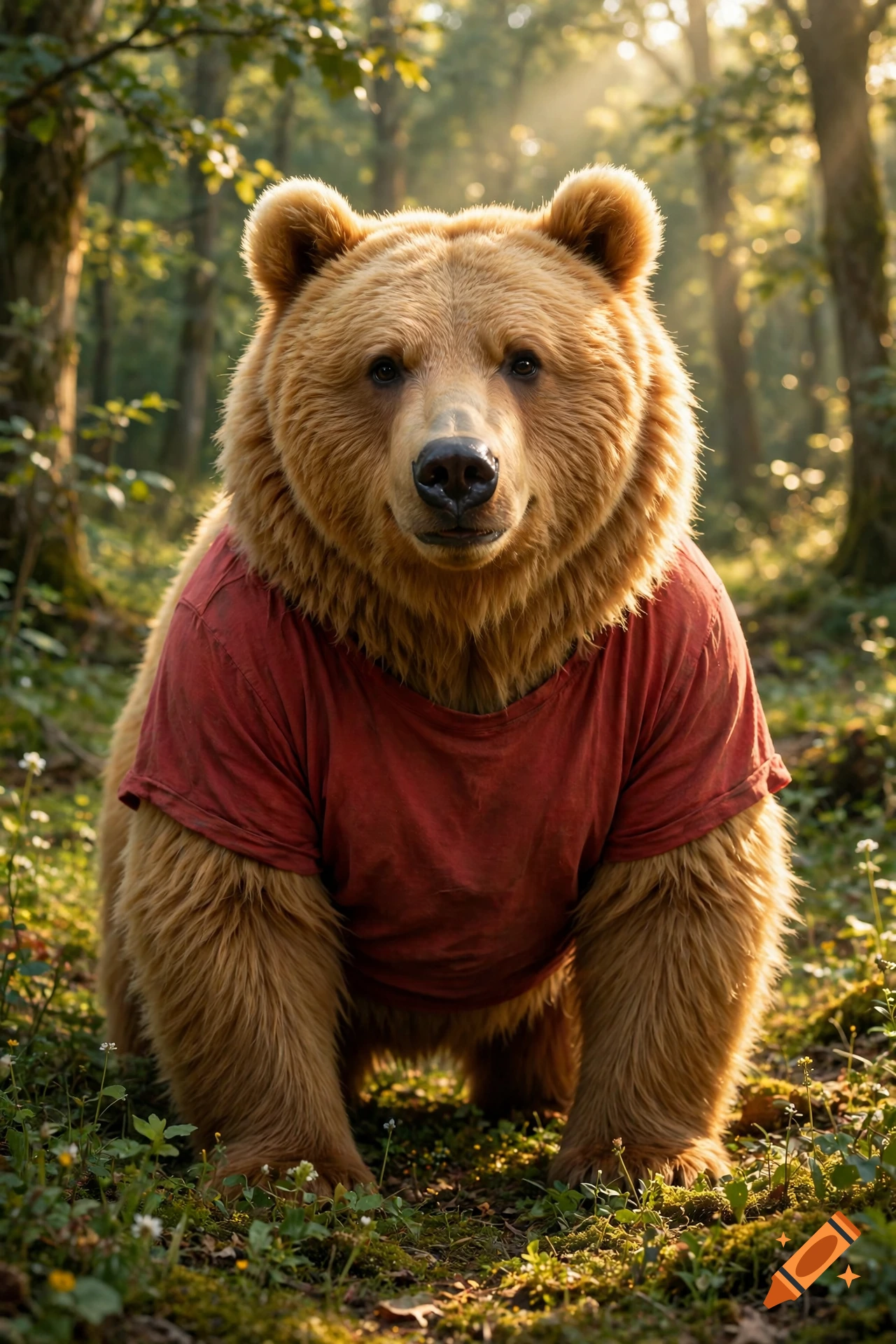 Photorealistic depiction of a realistic brown bear wearing a red t-shirt in a sunlit forest.