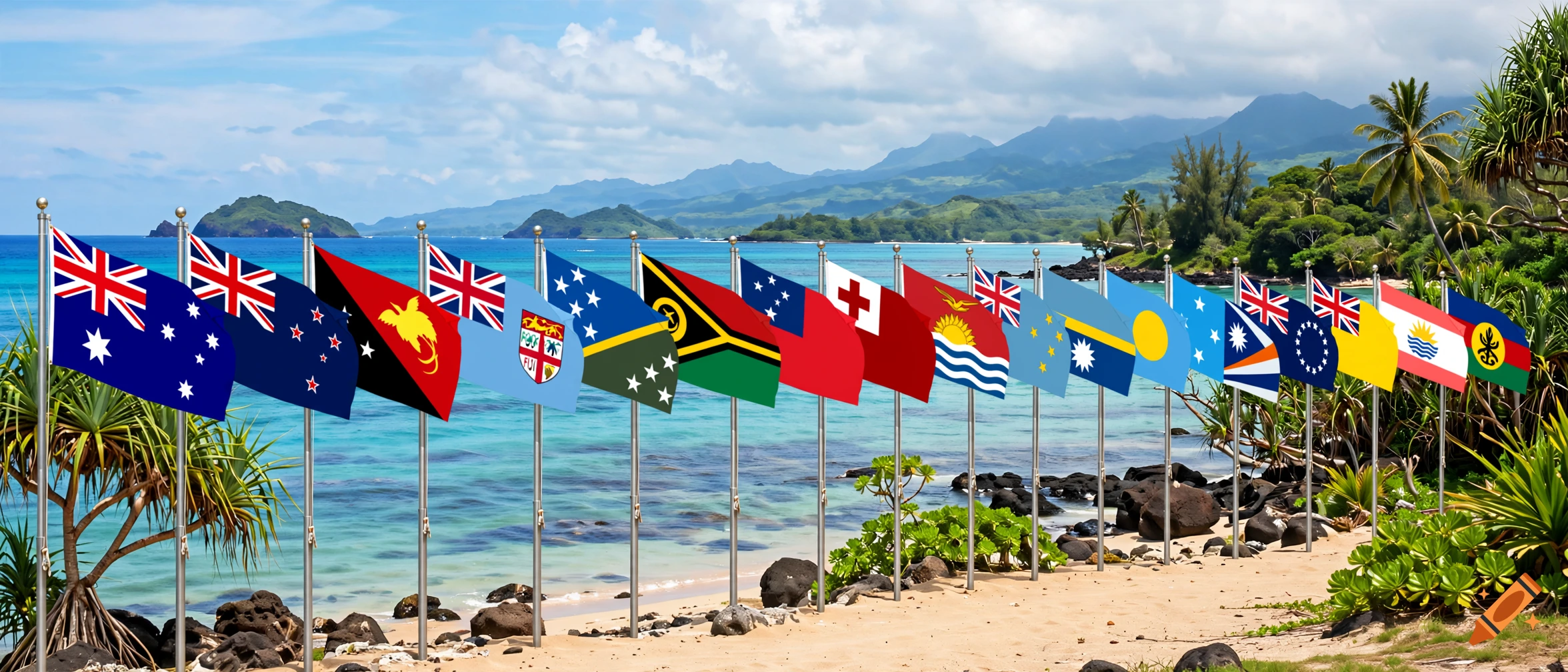 Row of Oceanian country flags on flagpoles along a tropical beach with turquoise water and mountains in the background.
