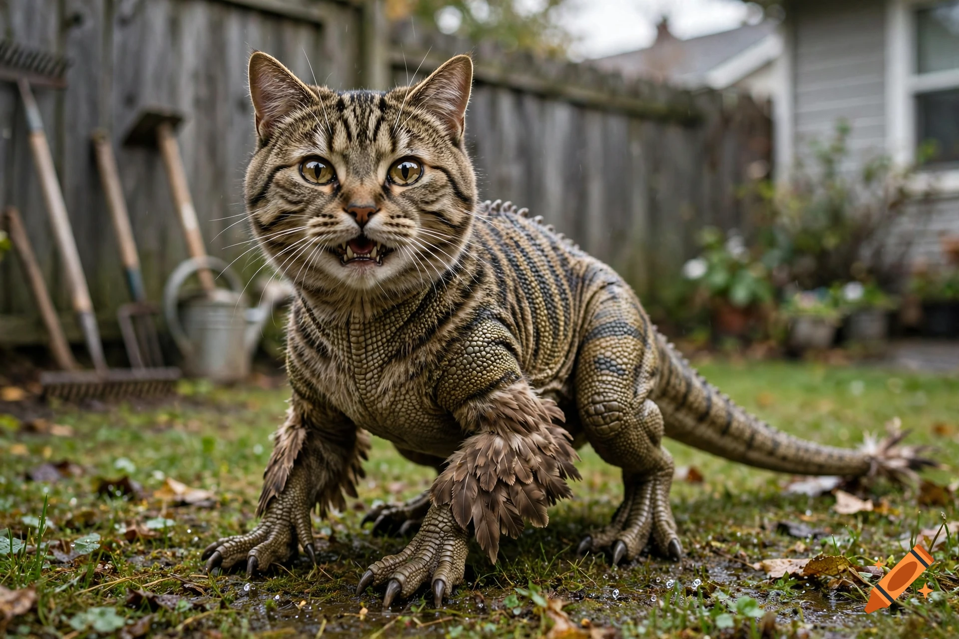 Photorealistic image of a tabby cat with dinosaur and reptile features standing in a backyard.