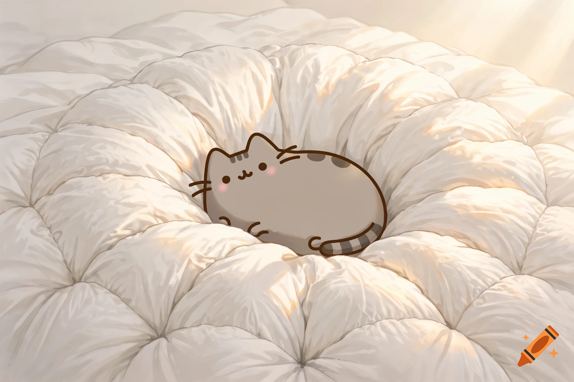 Pusheen the cat resting comfortably in the center of a large, plush white duvet crater, digital art illustration.