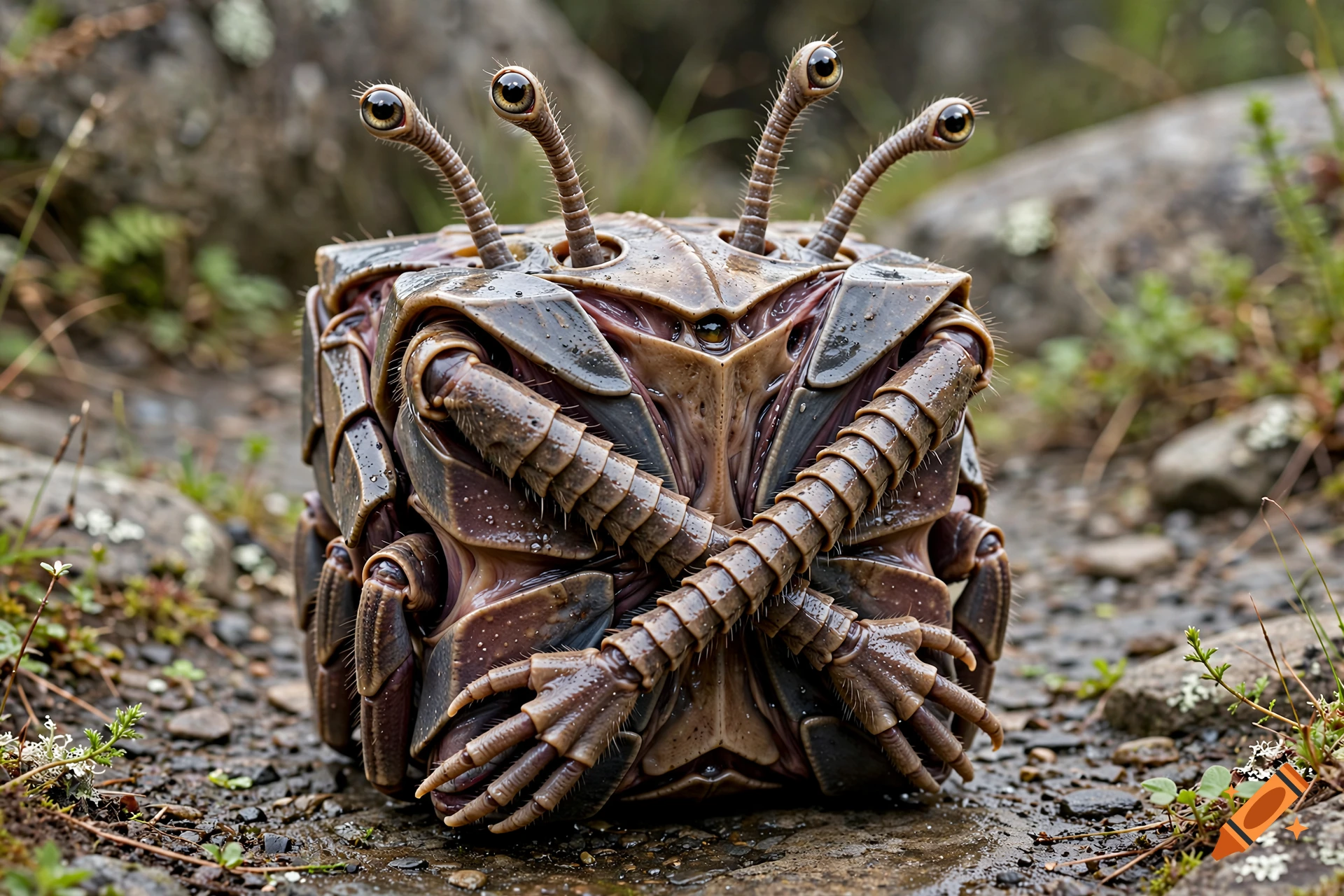 Photorealistic image of a cubed, multi-eyed alien crab creature sitting on a rocky ground.