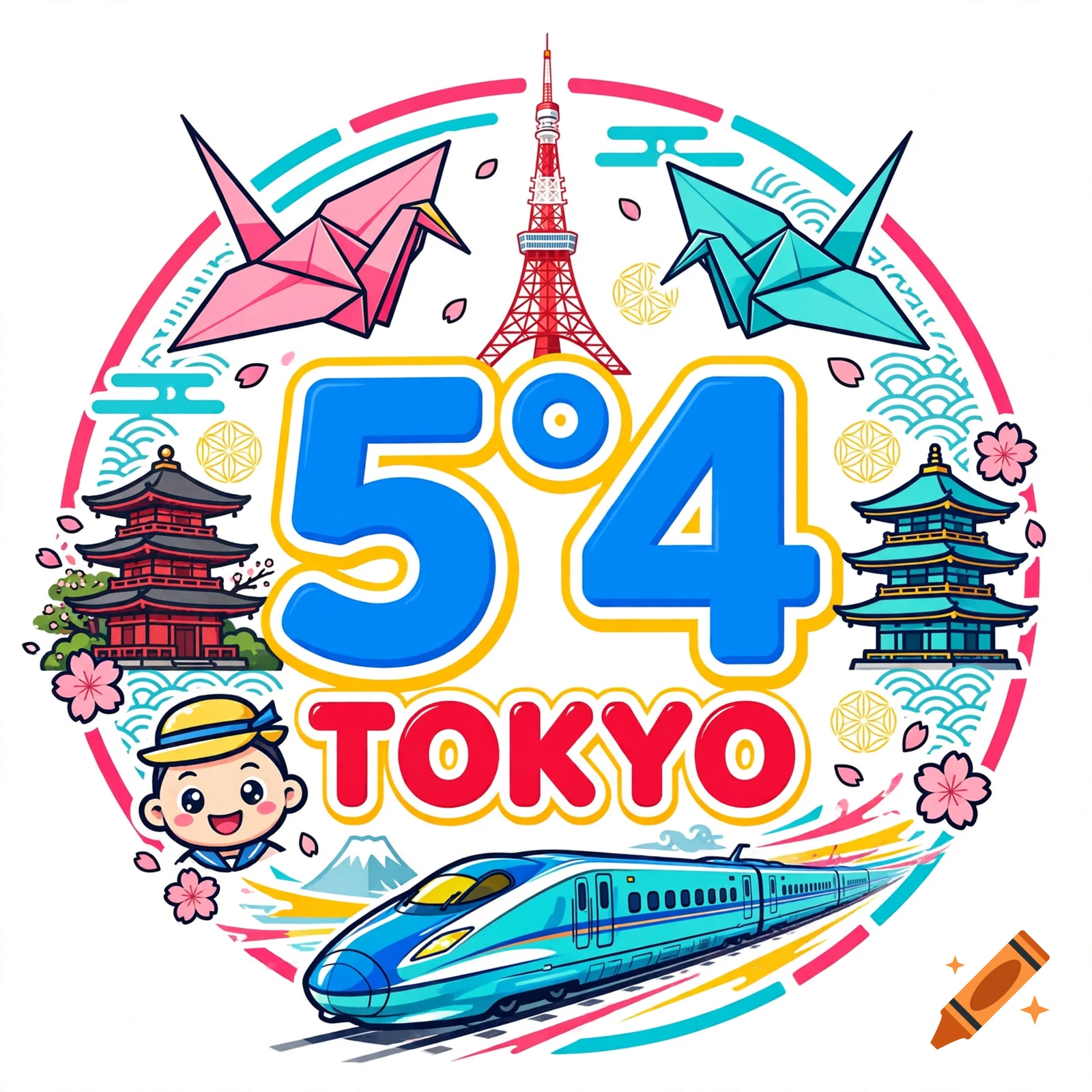 Colorful cartoon vector logo for Tokyo featuring a Shinkansen train, Tokyo Tower, origami cranes, pagodas, and cherry blossoms with text 5°4 TOKYO.