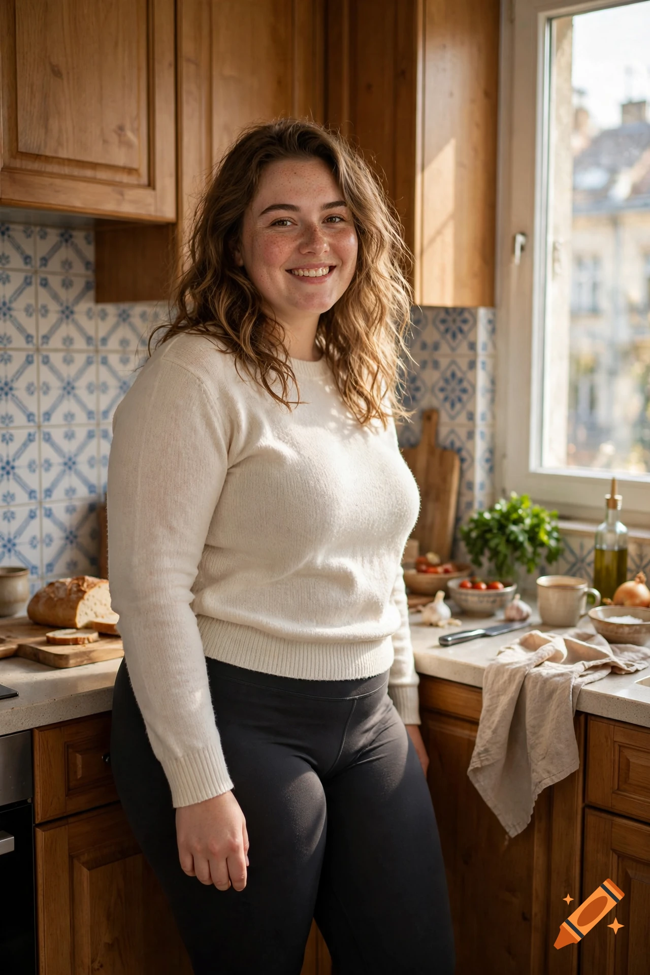 Photorealistic portrait of a young woman smiling in a sunlit kitchen.