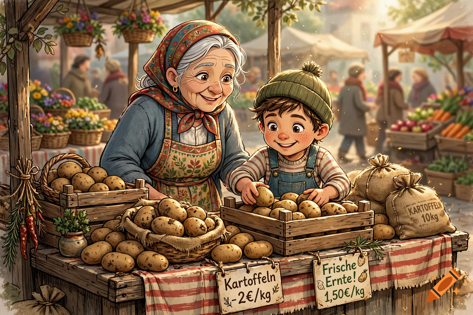 Cartoon illustration of an elderly woman and a young boy selling potatoes at a bustling market stall with German signage.