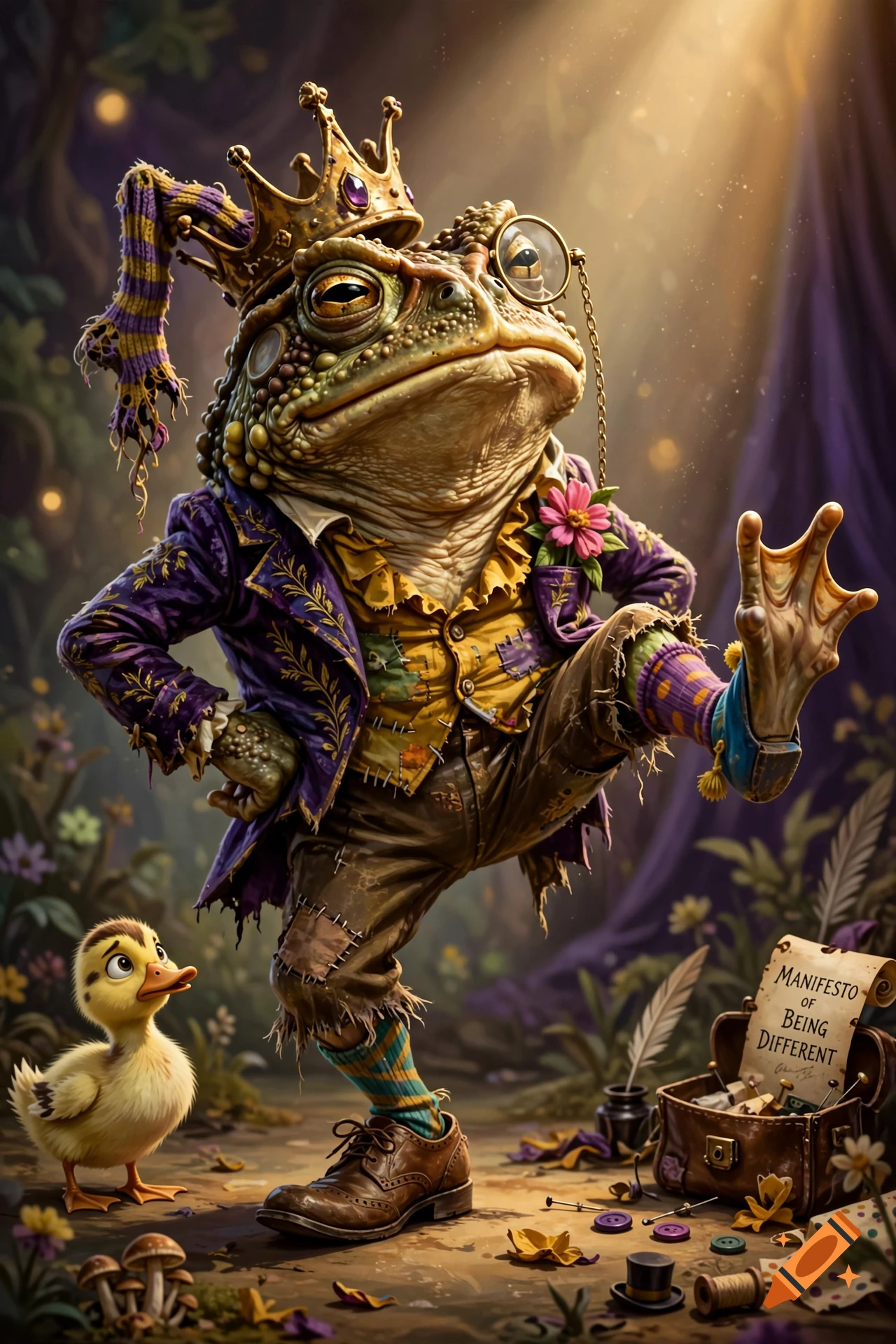An anthropomorphic toad wearing a crown, monocle, and purple jacket striking a theatrical pose, next to a duck, digital art.