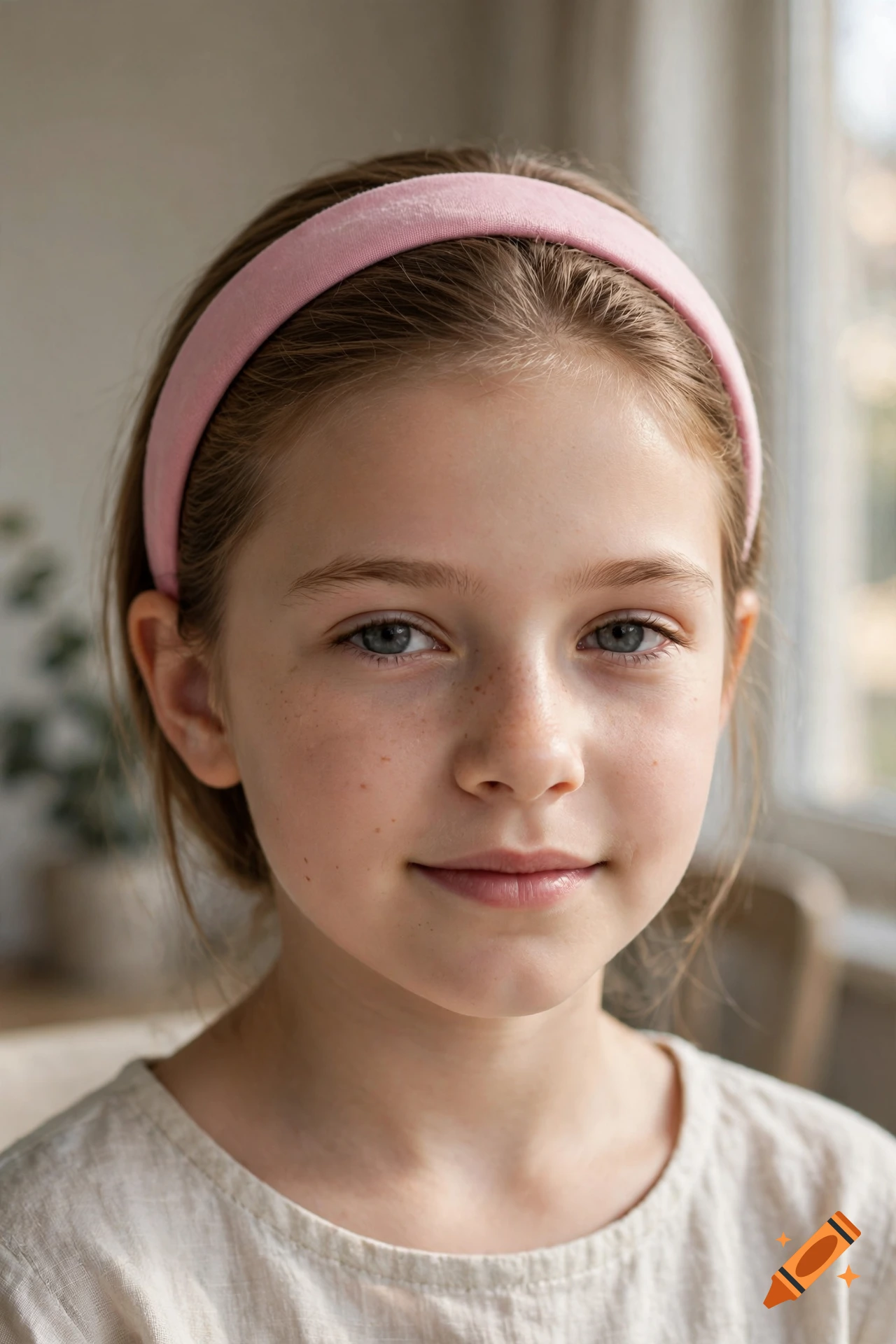 Close-up photorealistic portrait of a young girl with freckles and a pink headband.