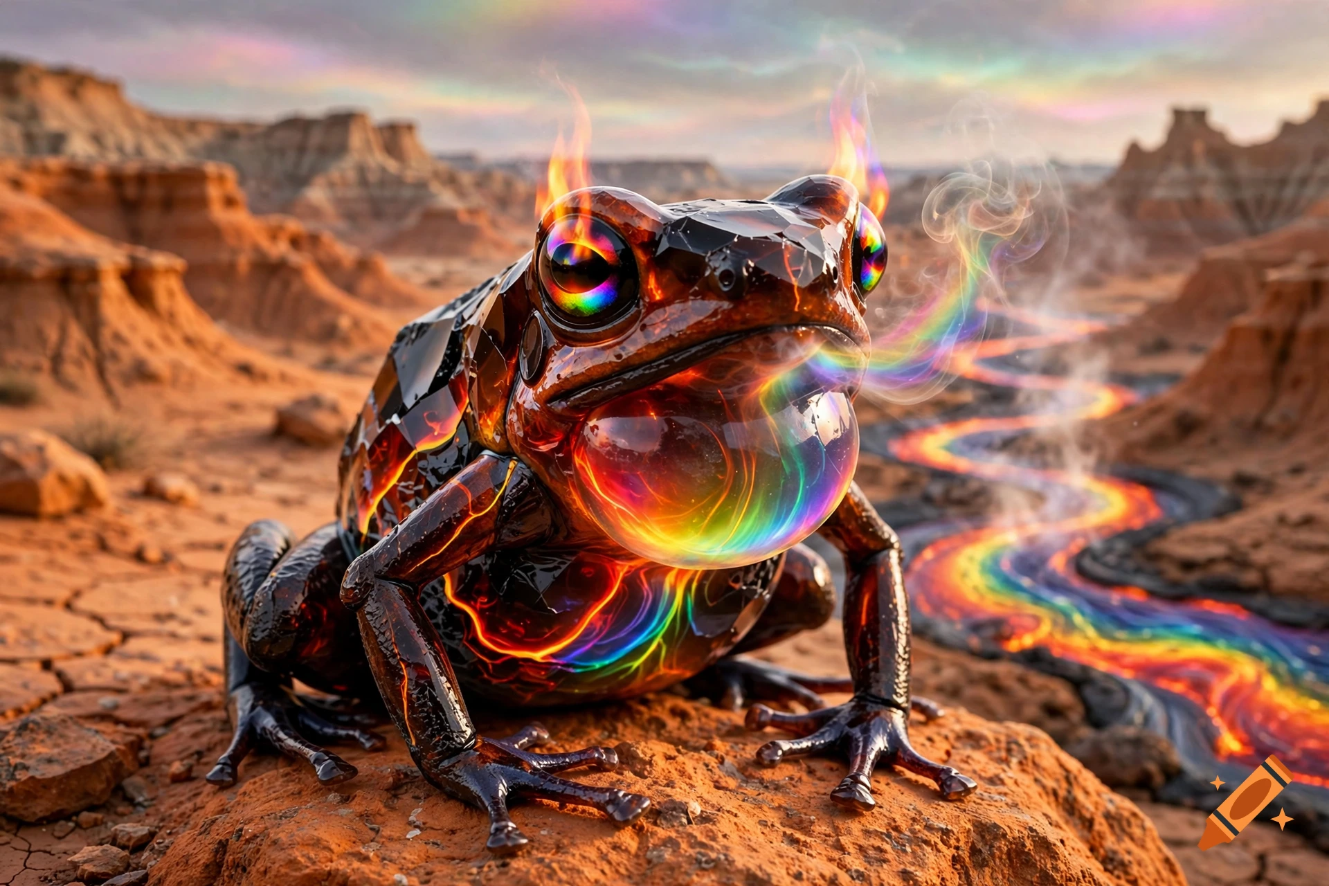Close-up photorealistic image of a poison dart frog made of orange obsidian and rainbow lava, exhaling rainbow mist in a desert badlands.