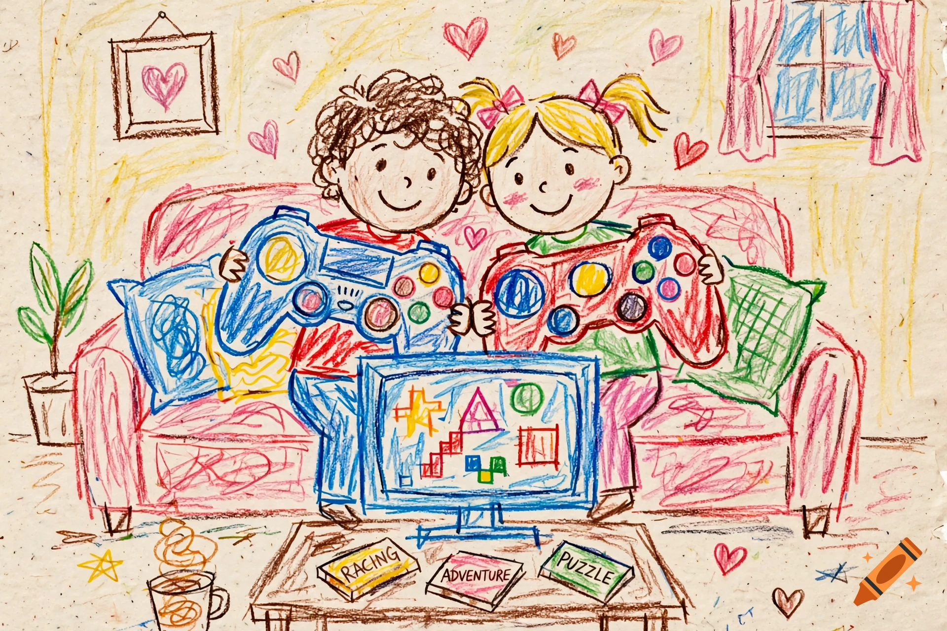 Crayon drawing of a teenage couple sitting on a couch playing video games with a television and books.