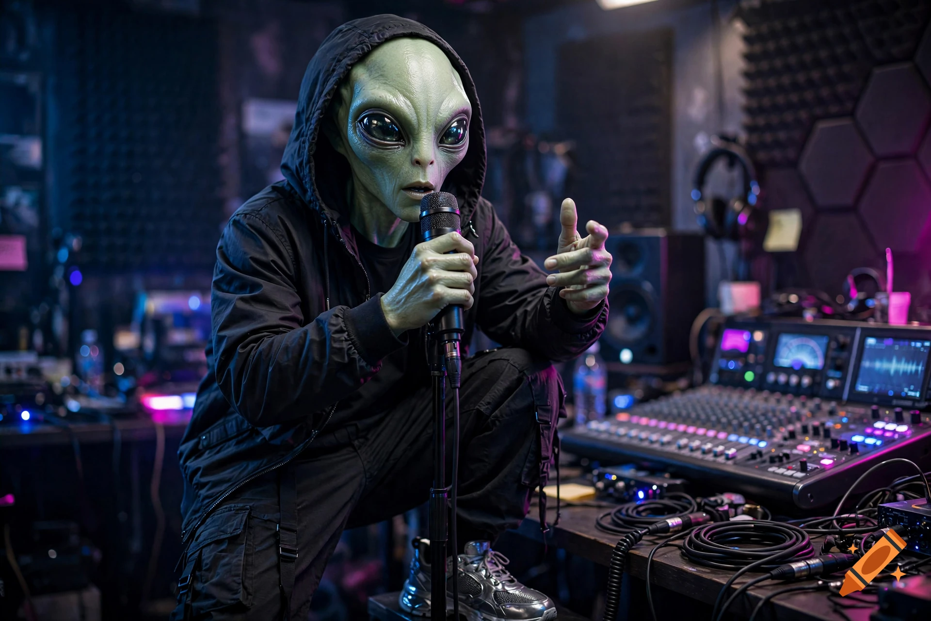 Photorealistic image of a grey alien in a black hoodie squatting in a recording studio, holding a microphone and rapping.