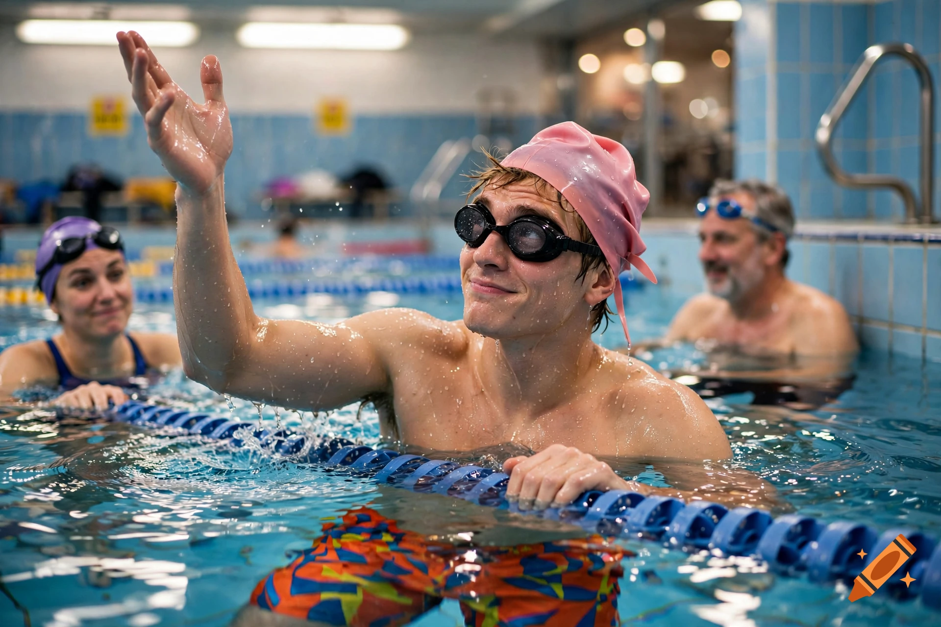 Photorealistic image of a smiling man wearing a pink swim cap and goggles in a swimming pool, gesturing with his hand raised as if explaining something, with other swimmers in the background.