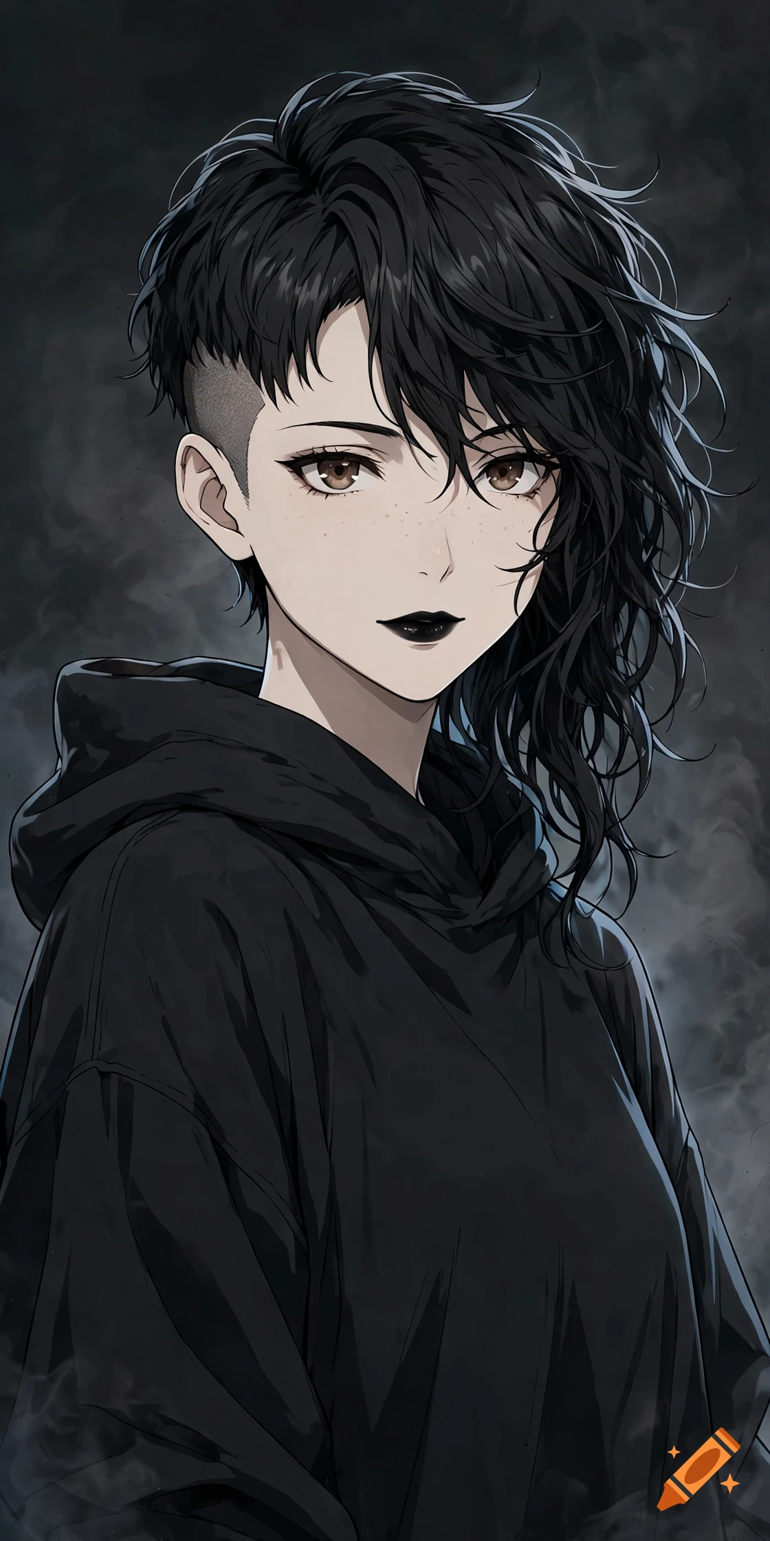 Anime style portrait of a goth woman with black wavy pixie hair, shaved side, brown eyes, and a black hoodie.