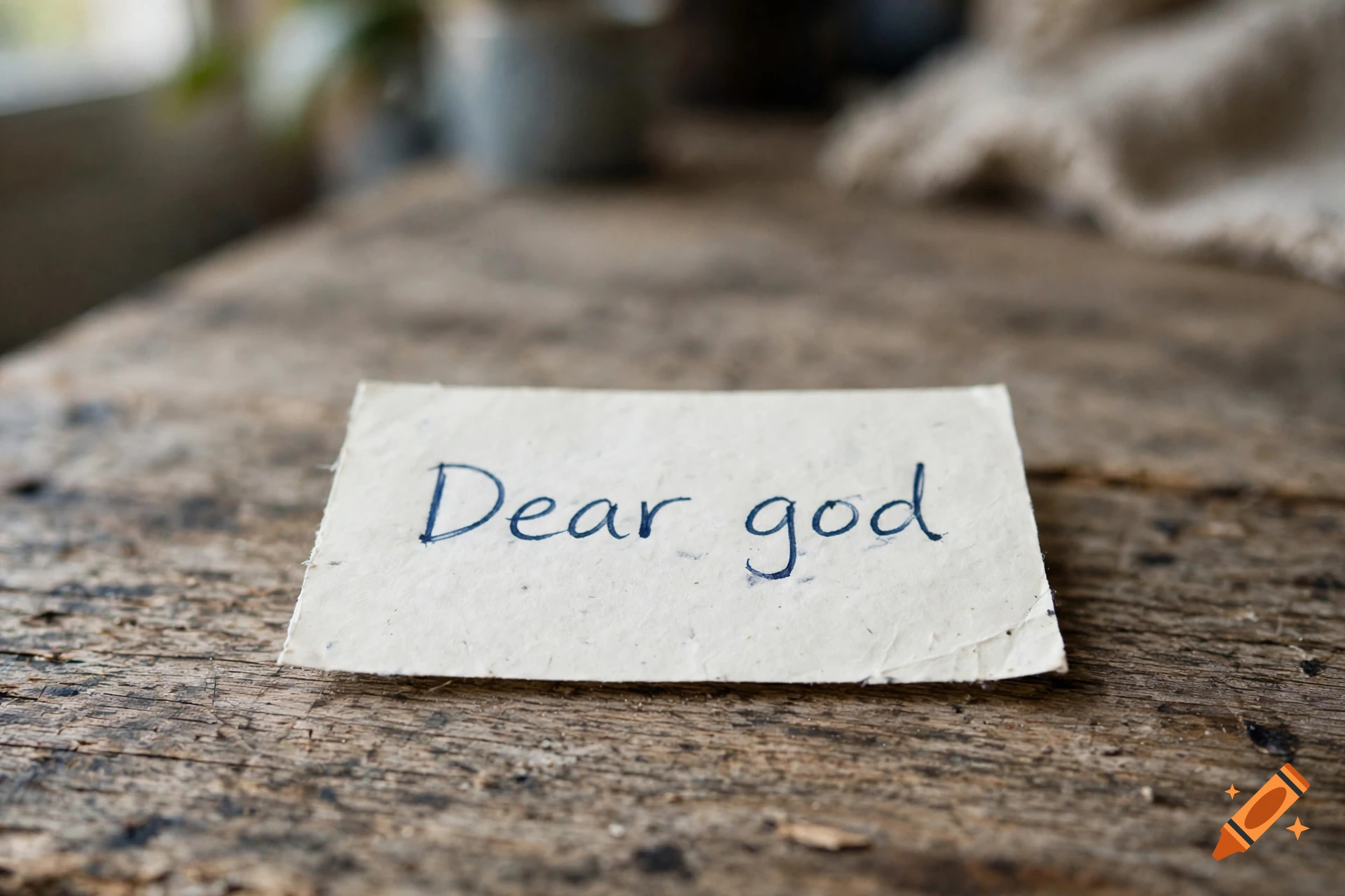 Close-up of a small piece of paper with the handwritten text 'Dear god' resting on a rustic wooden table.
