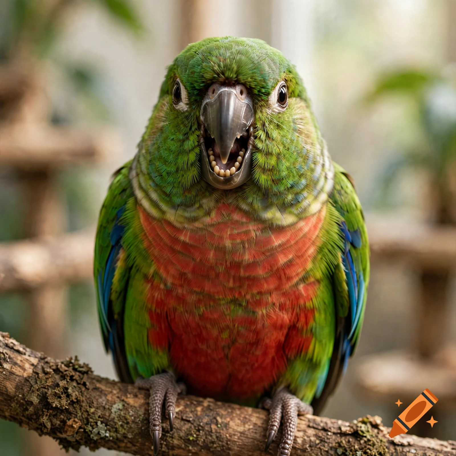 Close-up photorealistic image of a green and red conure parrot perched on a branch, open beak revealing human-like teeth.
