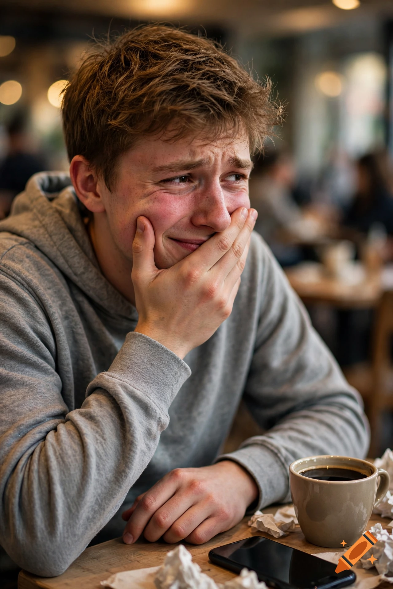 Photorealistic close-up of a young man sitting in a cafe, looking embarrassed with his hand covering his mouth.