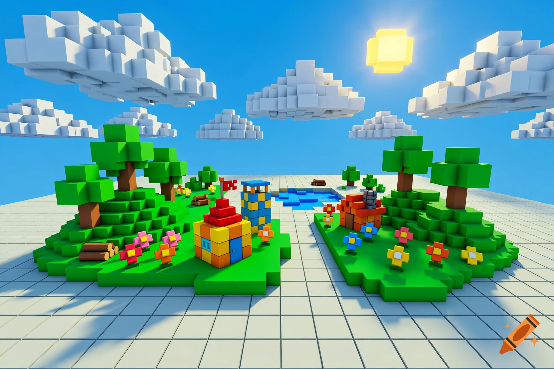 Colorful 3D low-poly block landscape featuring tiny houses, green trees, flowers, and floating clouds under a bright blue sky.