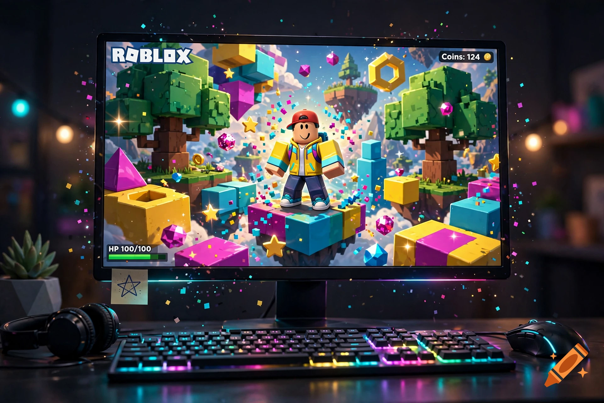 A gaming setup featuring a monitor displaying a colorful Roblox game with a character standing on blocks, keyboard, mouse, and headphones on a desk.