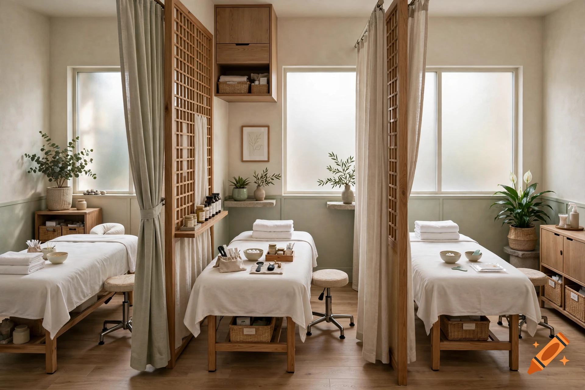 Photorealistic interior view of three calm TCM massage and treatment rooms separated by wooden lattice dividers and linen curtains.