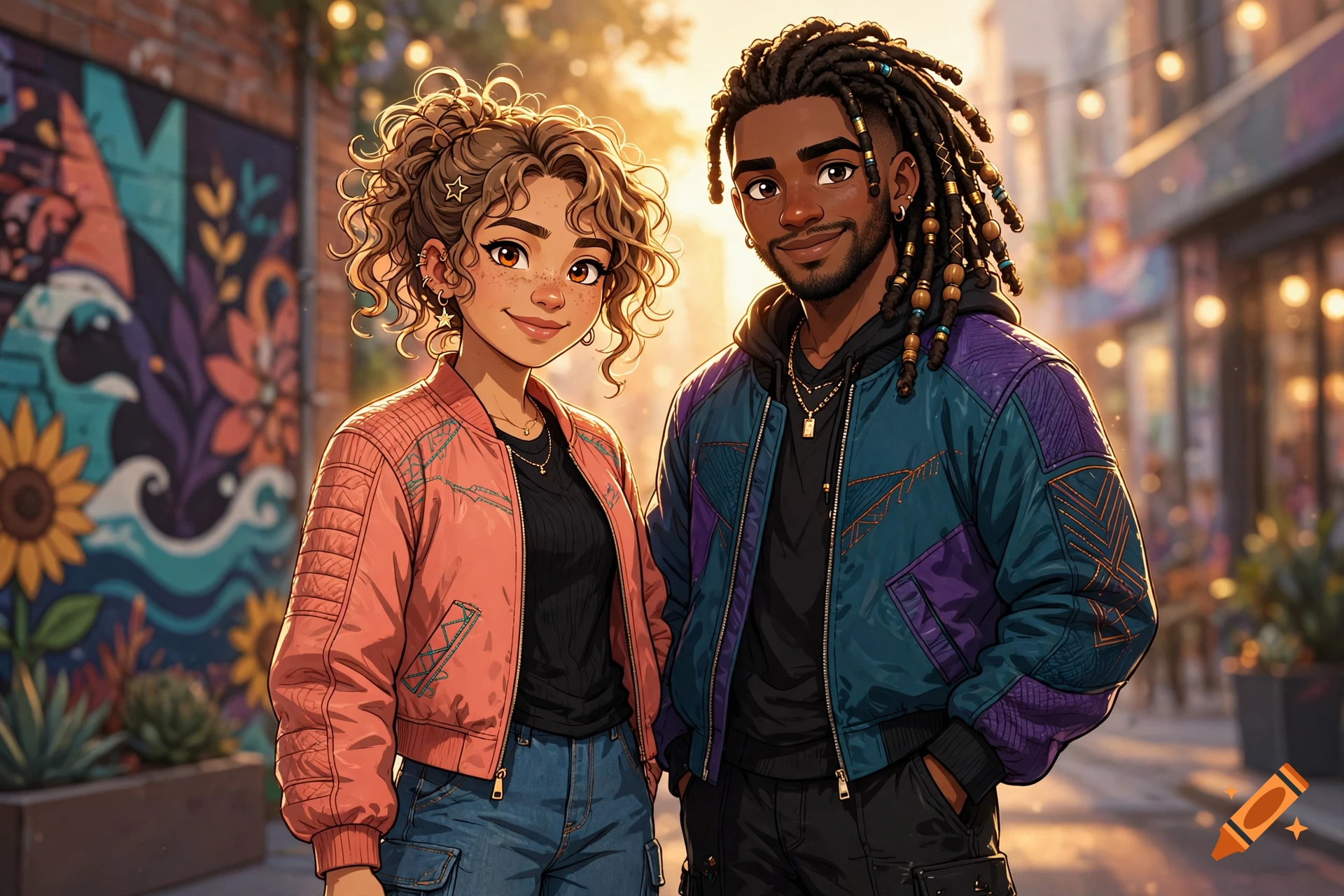 Animated illustration of a light-skinned woman with curly hair and a dark-skinned man with dreadlocks standing together in an urban street.