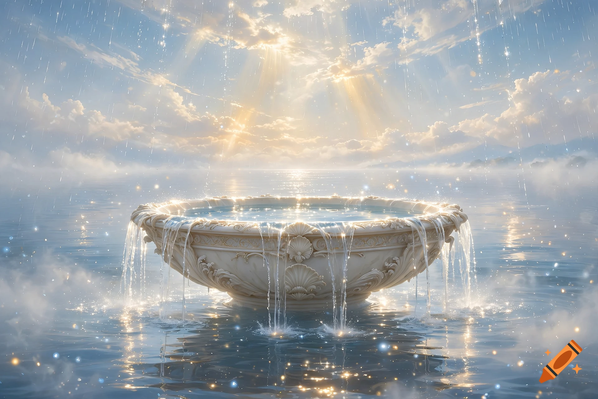 An ornate white stone fountain overflowing with water, set in a calm sea beneath a glowing sky with sunbeams and light rain, fantasy style.