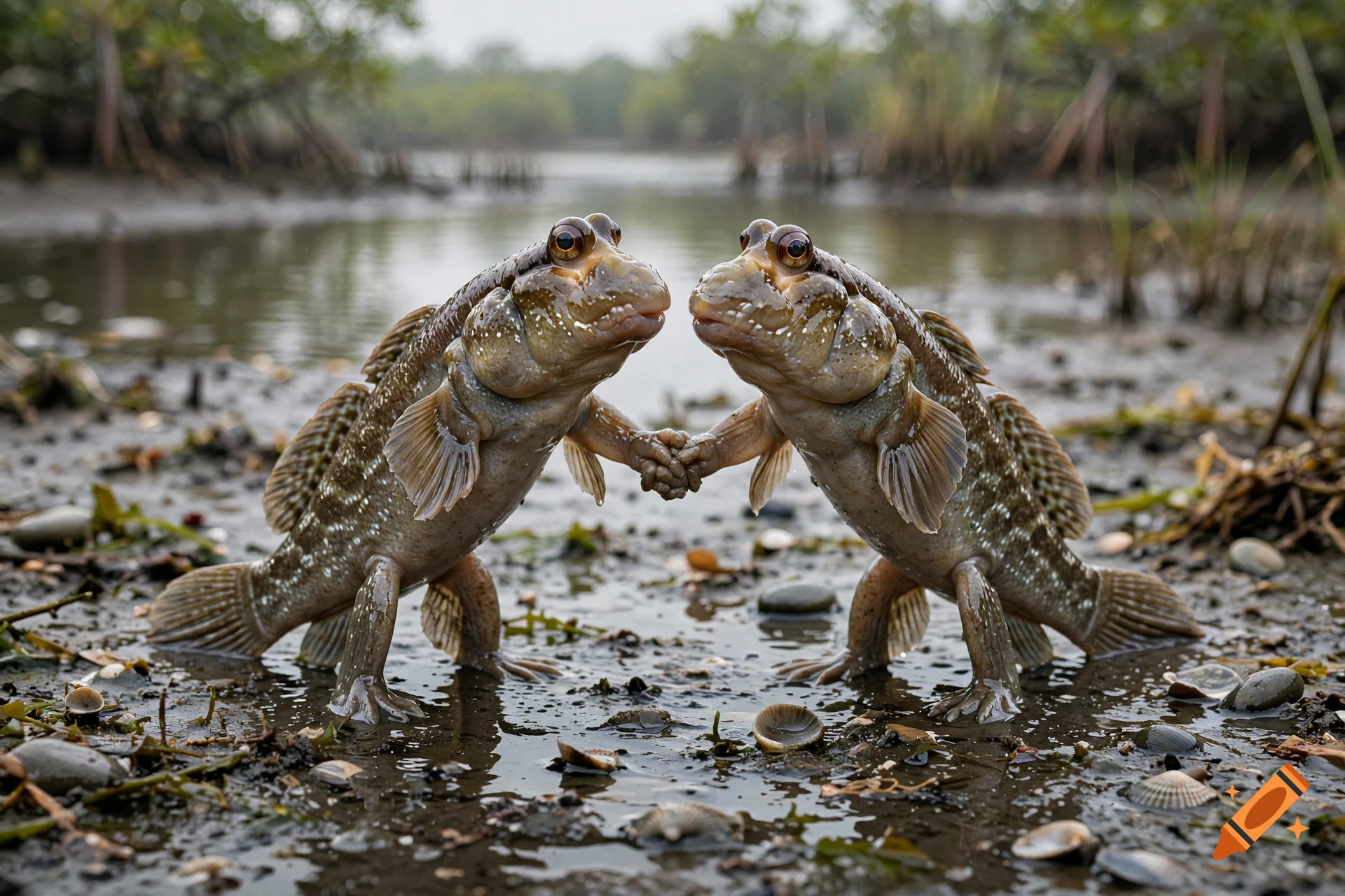 Photorealistic image of two mudskippers standing on a muddy riverbank holding hands.