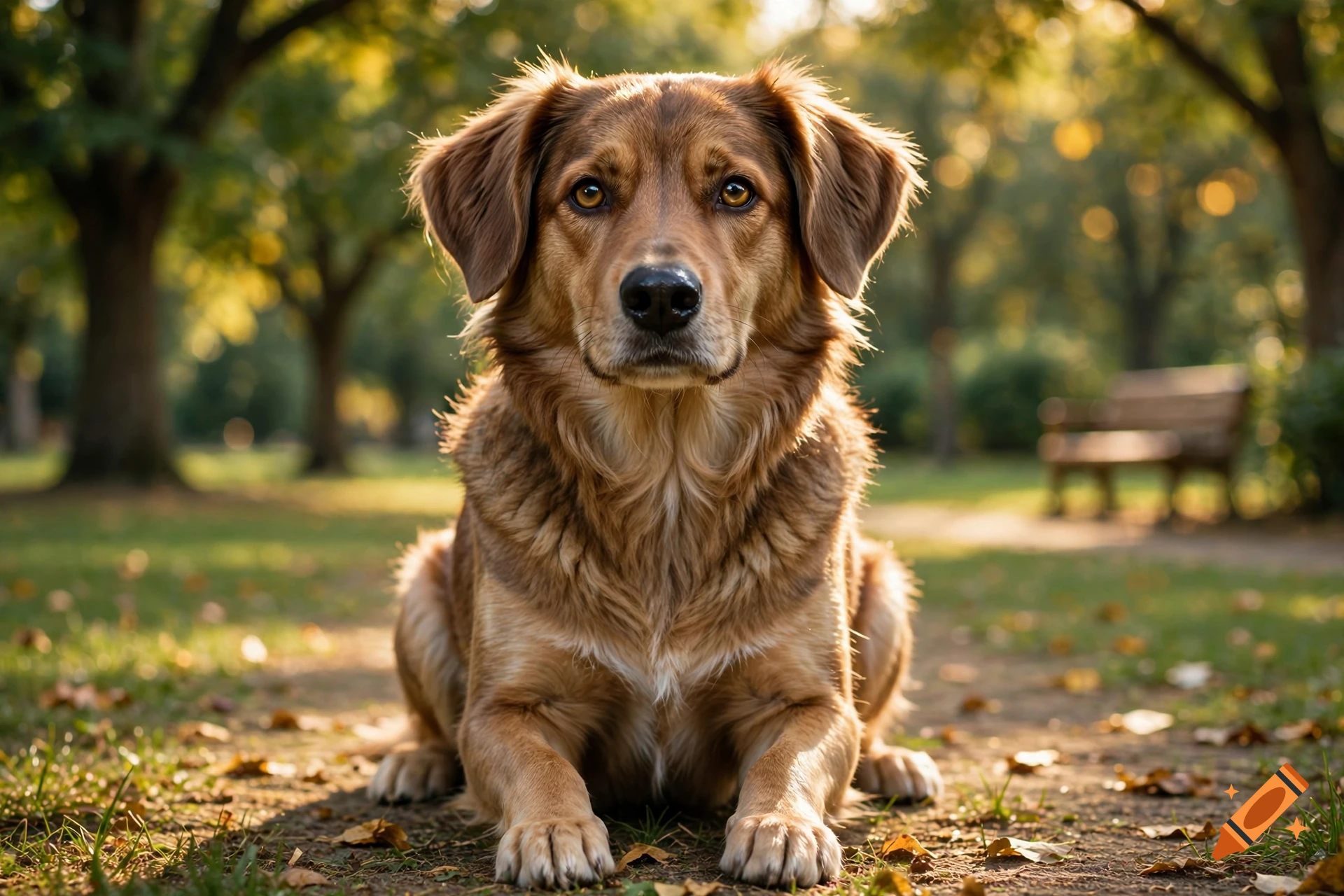 Photorealistic medium shot of a brown dog sitting in a park with autumn leaves on the ground.
