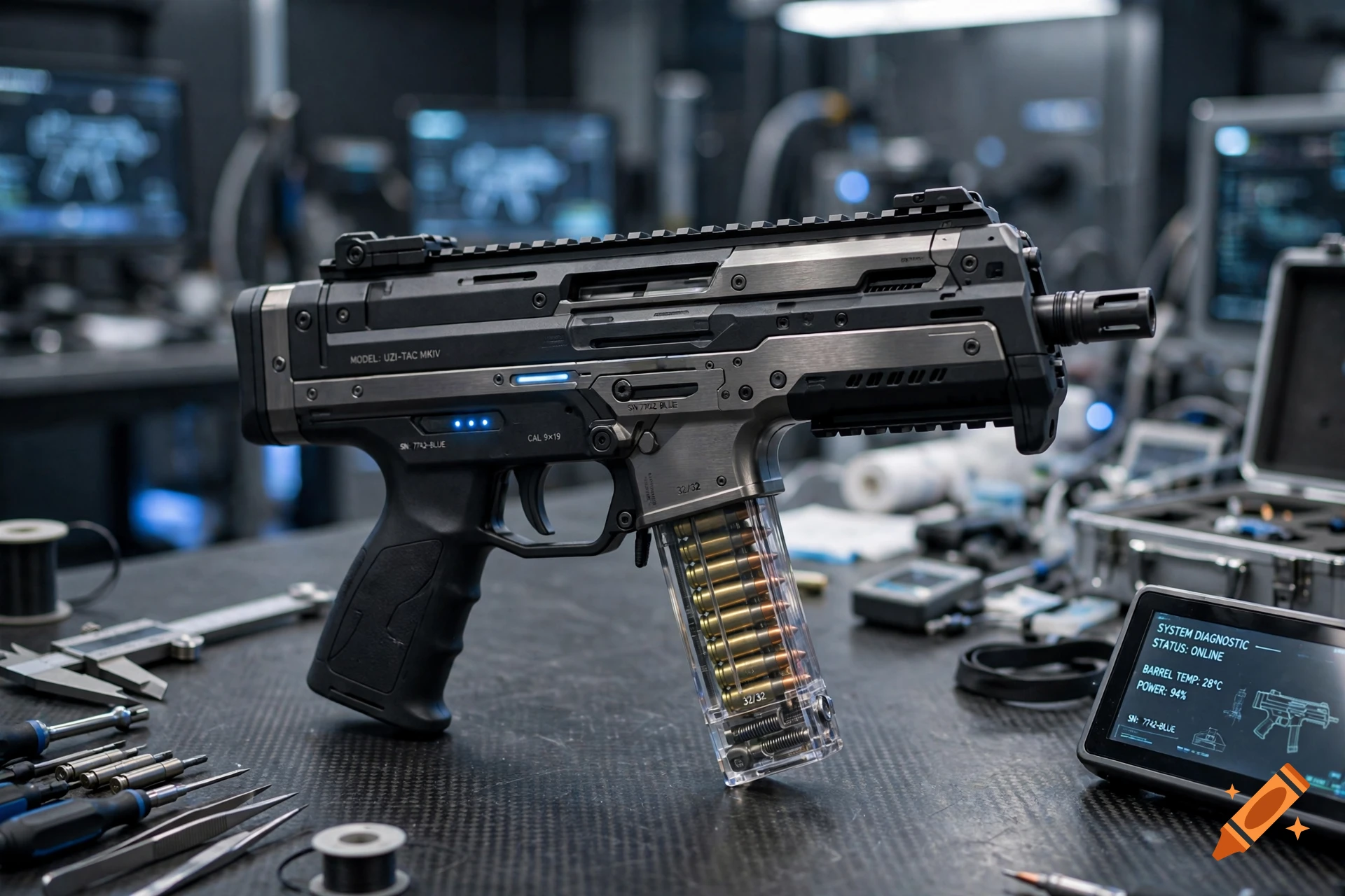 Photorealistic image of a futuristic black and metallic uzi submachine gun with a transparent magazine filled with bullets on a workshop table.