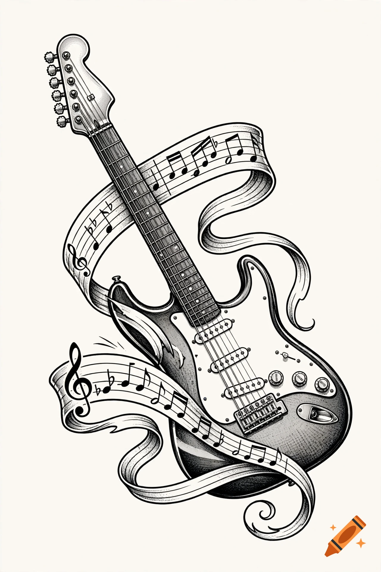 Black and white tattoo style illustration of an electric guitar wrapped in musical score sheets.