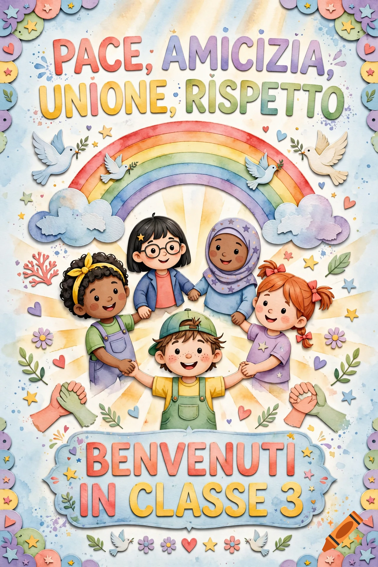 Watercolor illustration of diverse children holding hands under a rainbow with doves and the text PACE, AMICIZIA, UNIONE, RISPETTO and BENVENUTI IN CLASSE 3.