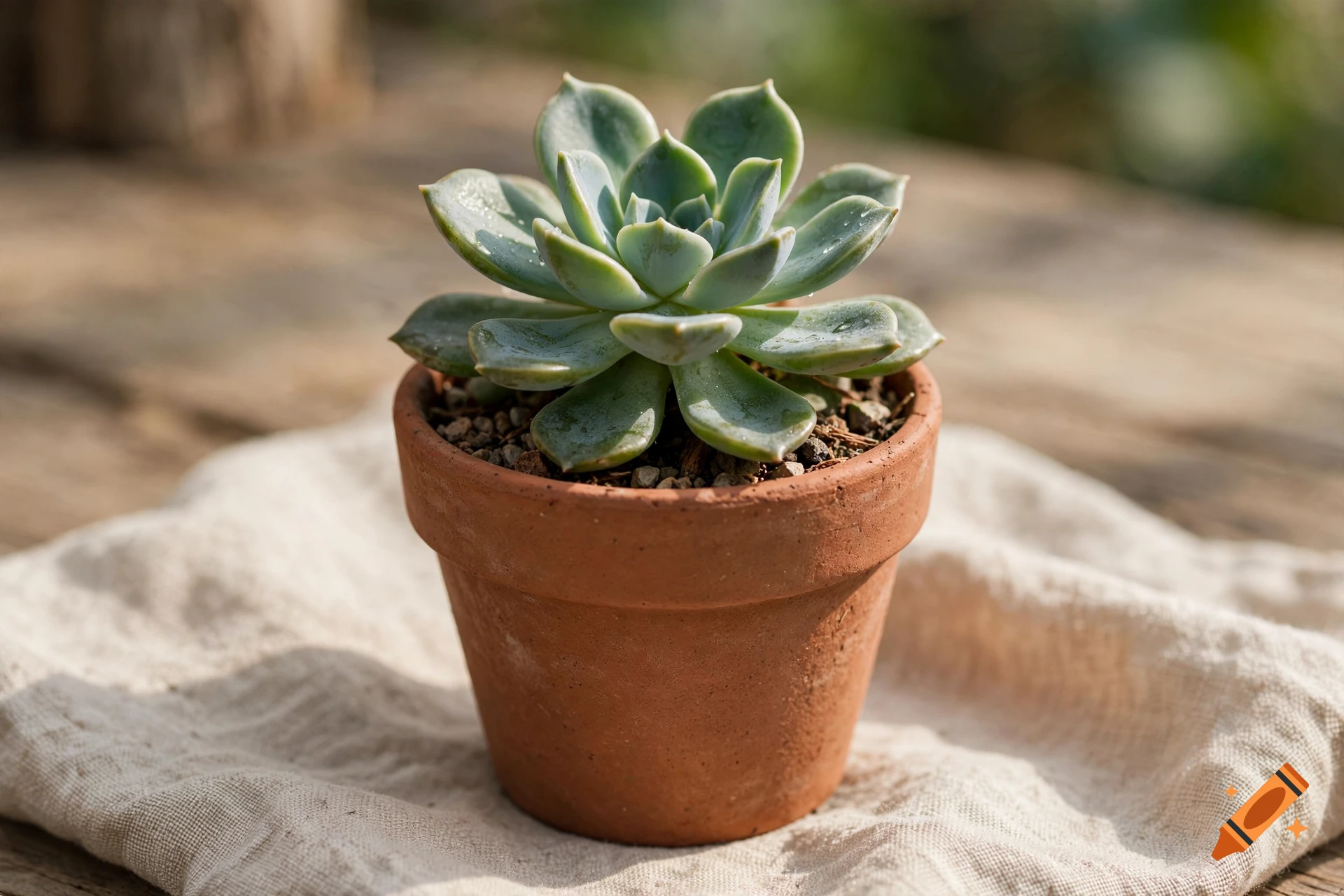 Close-up photorealistic shot of a green succulent plant in a terracotta pot resting on a cloth, outdoors.