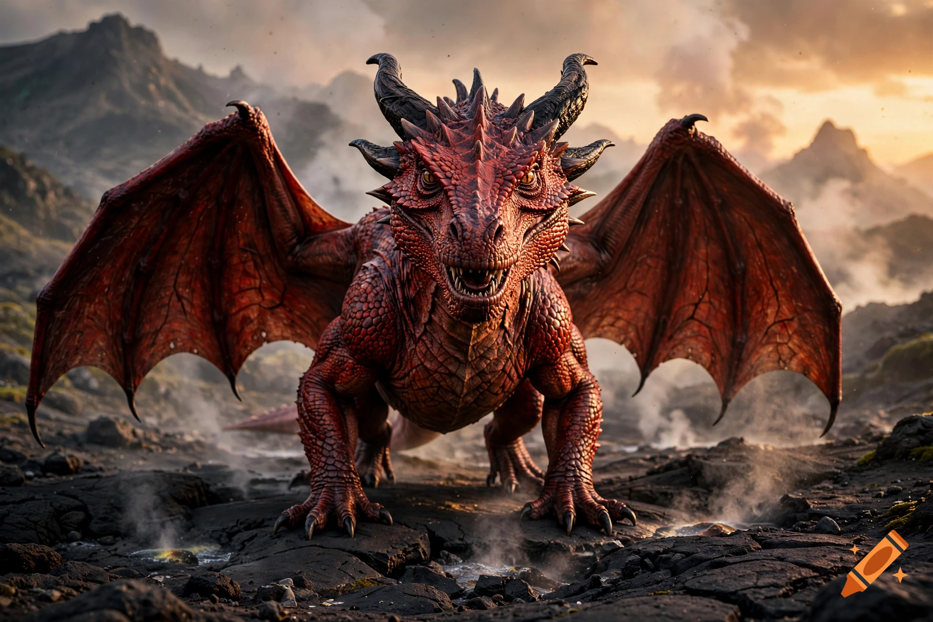 Detailed photorealistic red dragon with large wings standing on rocky volcanic ground, with misty mountains in the background.