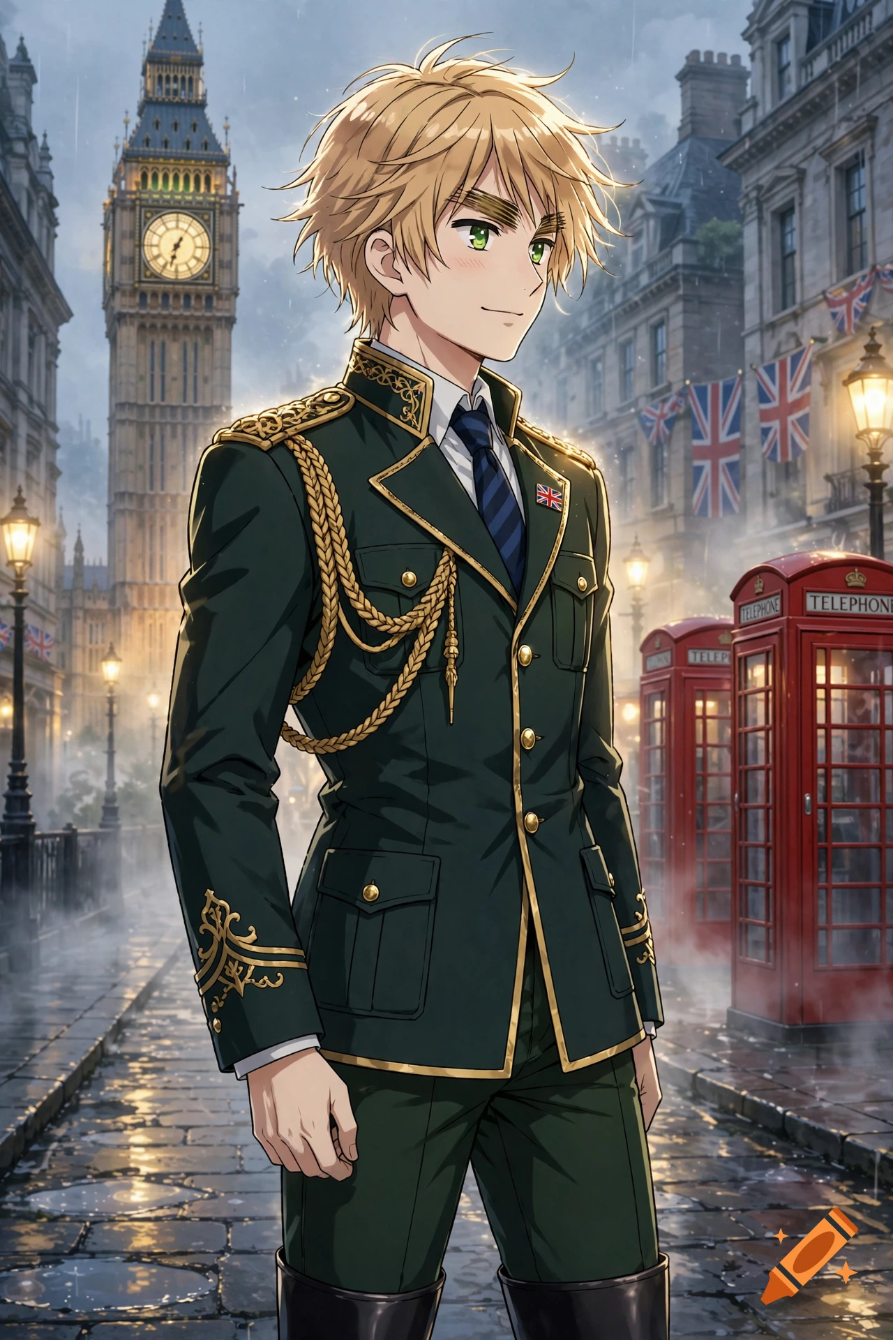 Anime-style illustration of a blonde young man in a military uniform standing on a London street with Big Ben in the background.
