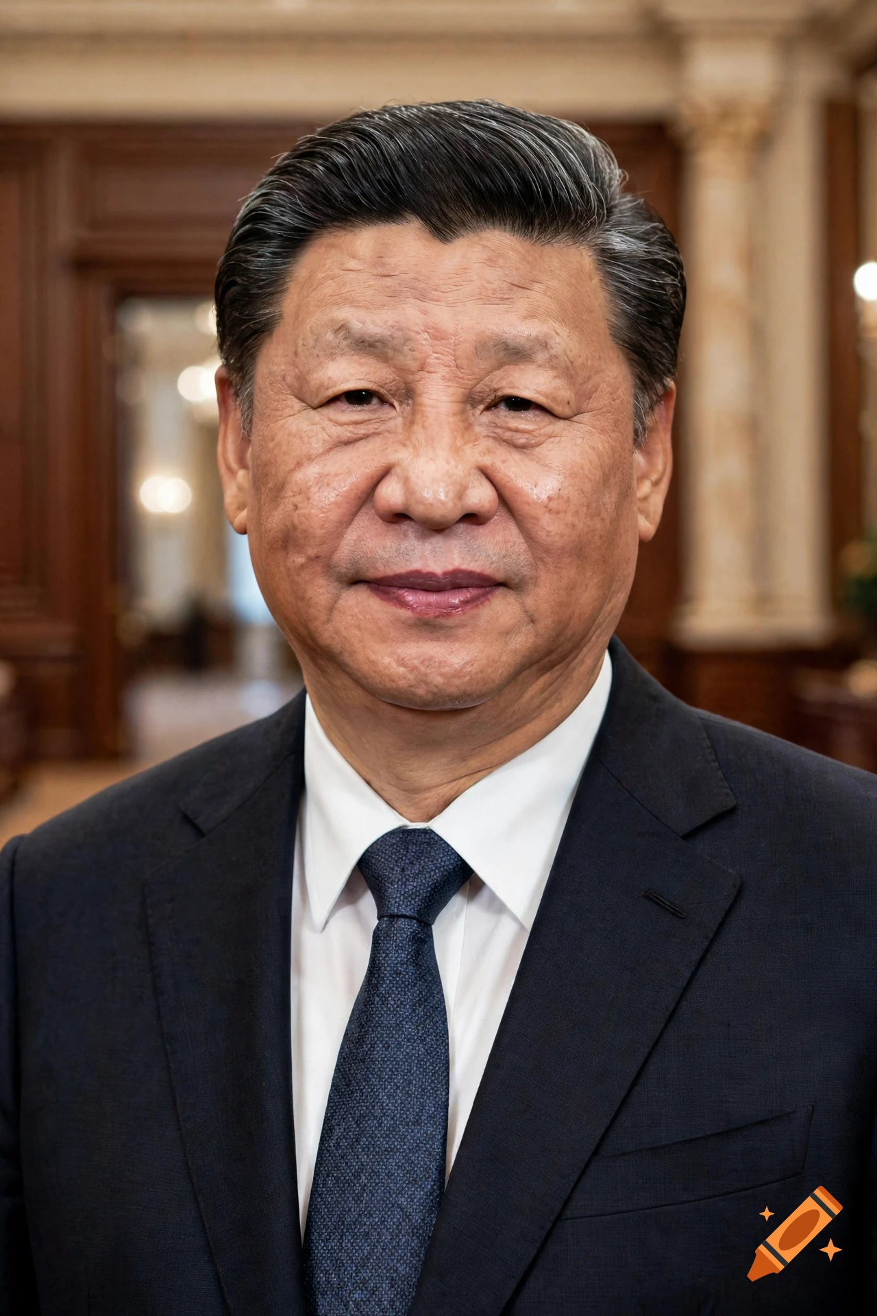 Portrait of Xi Jinping wearing a dark suit and blue tie.