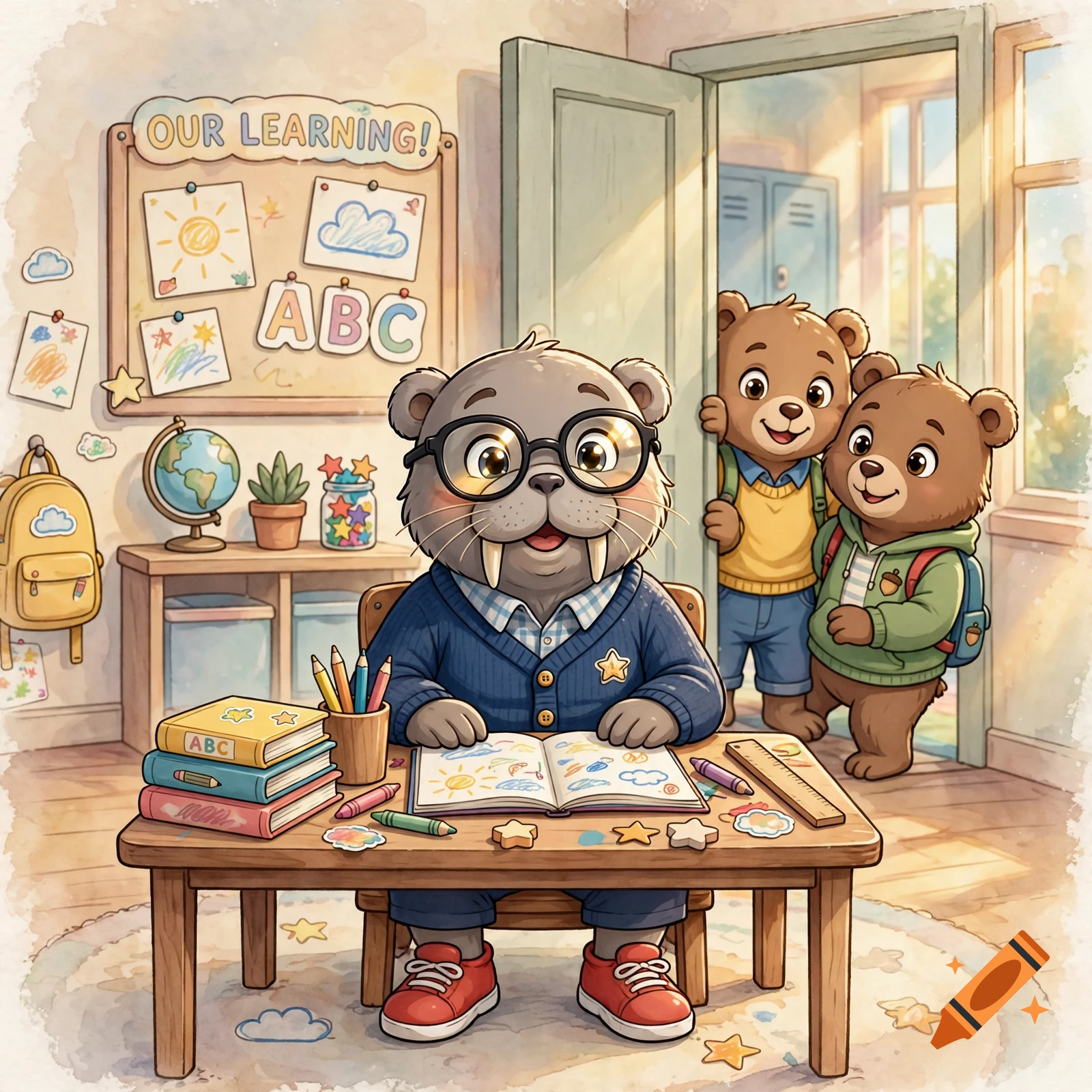 Cartoony watercolor illustration of a young walrus wearing glasses and red shoes sitting at a desk in a classroom, with two bears peeking through the doorway.