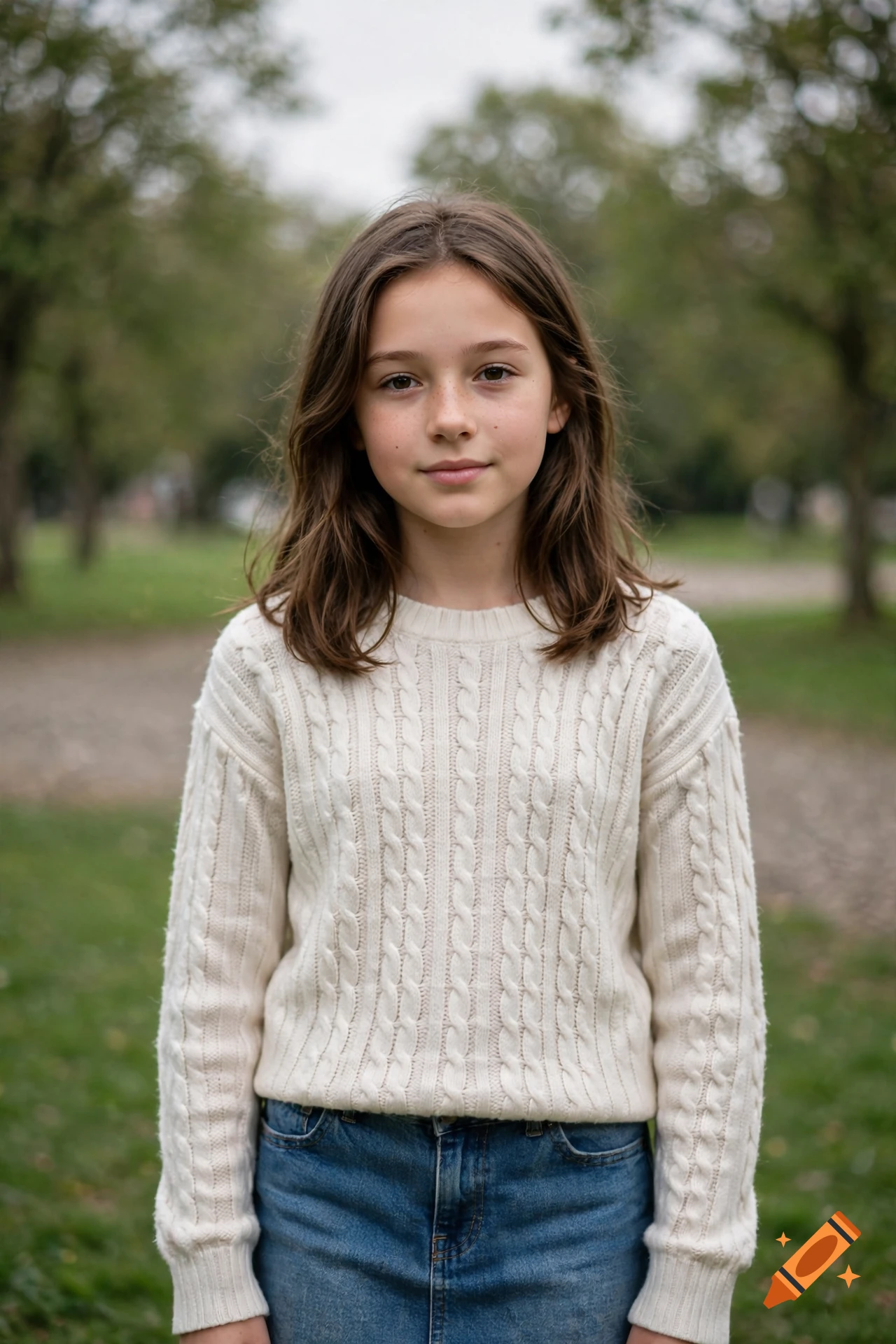 Photorealistic portrait of a young girl with brown hair wearing a white cable-knit sweater standing outdoors in a park.